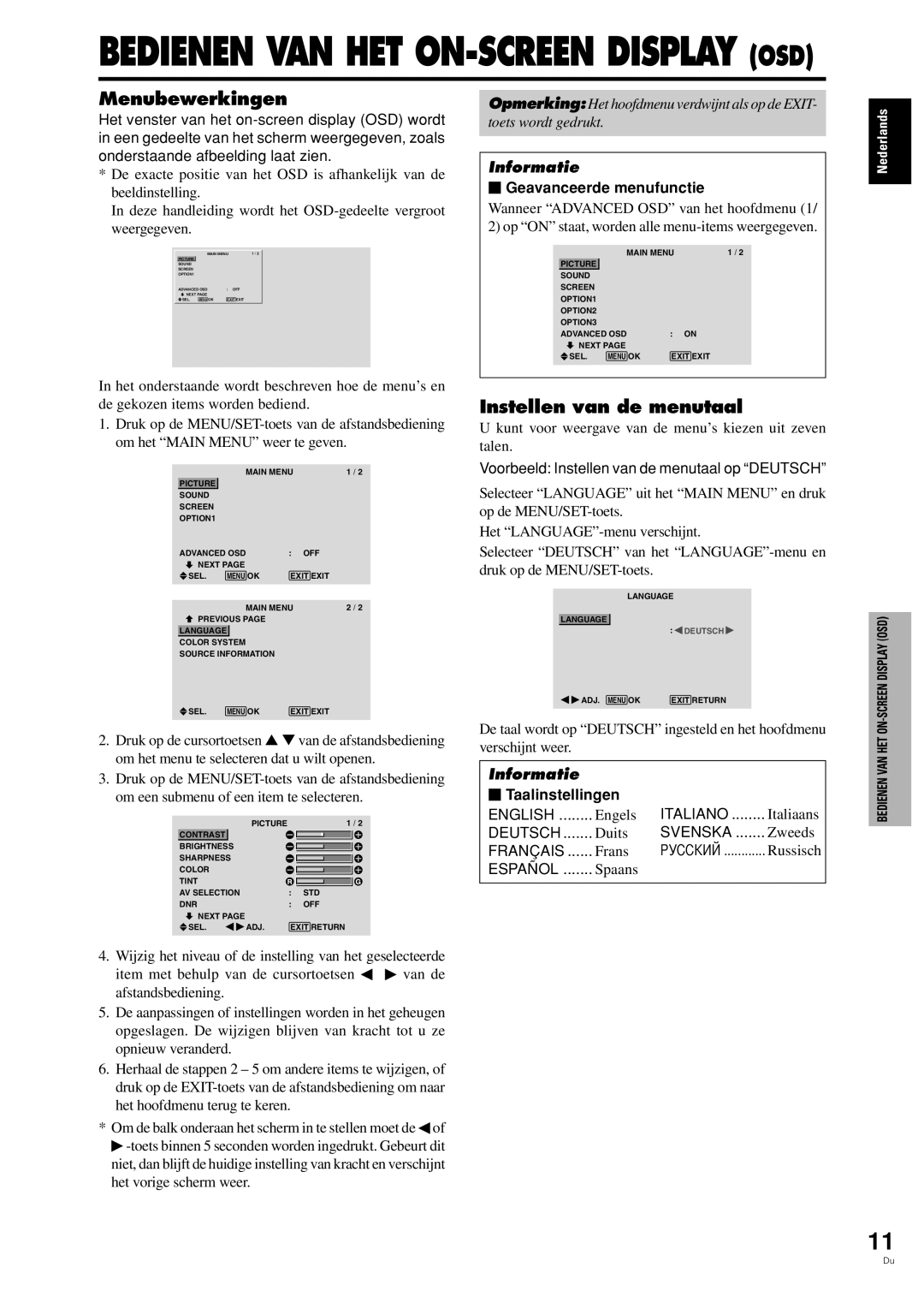 Pioneer PDP-42MVE1 manual Menubewerkingen, Instellen van de menutaal,  Geavanceerde menufunctie,  Taalinstellingen 