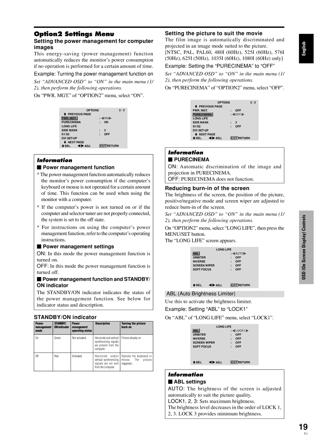 Pioneer PDP-42MVE1 manual Option2 Settings Menu, Setting the power management for computer images, STANDBY/ON indicator 