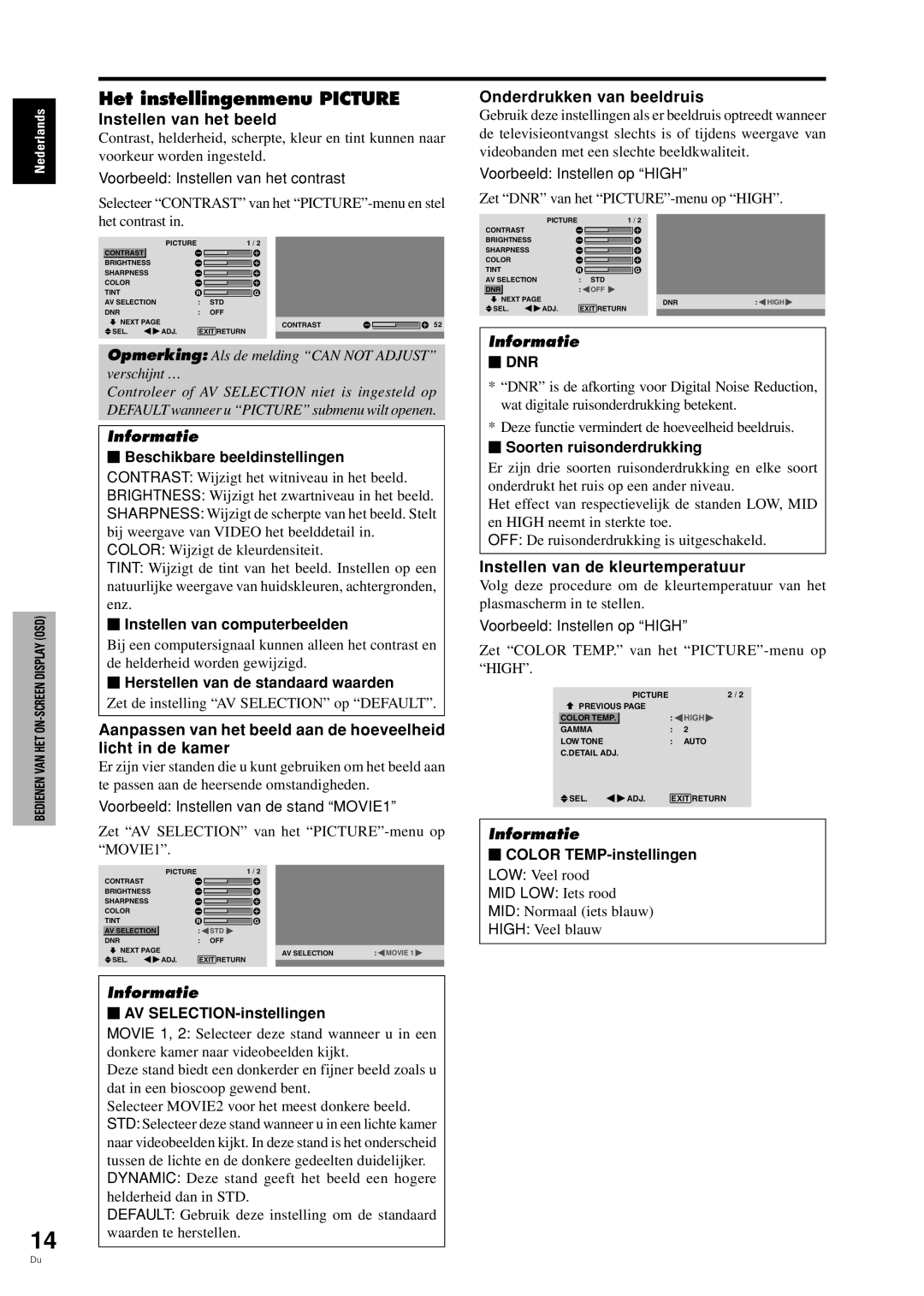 Pioneer PDP-42MVE1 manual Het instellingenmenu Picture, Instellen van het beeld, Onderdrukken van beeldruis 