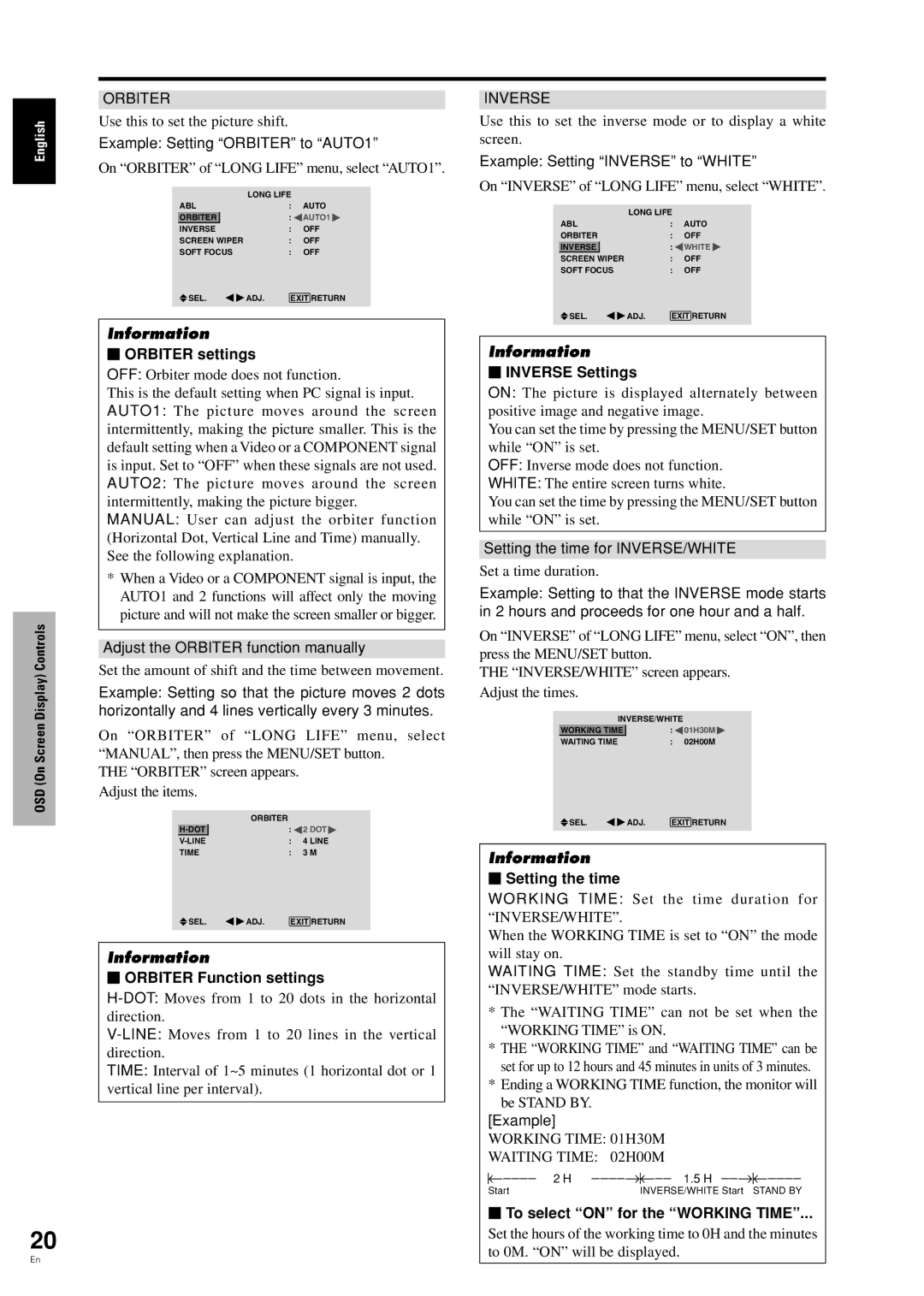 Pioneer PDP-42MVE1 manual  Orbiter settings,  Orbiter Function settings,  Inverse Settings,  Setting the time 