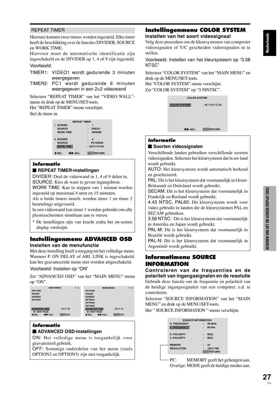 Pioneer PDP-42MVE1 manual Instellingenmenu Advanced OSD, Instellingenmenu Color System, Informatimenu Source 