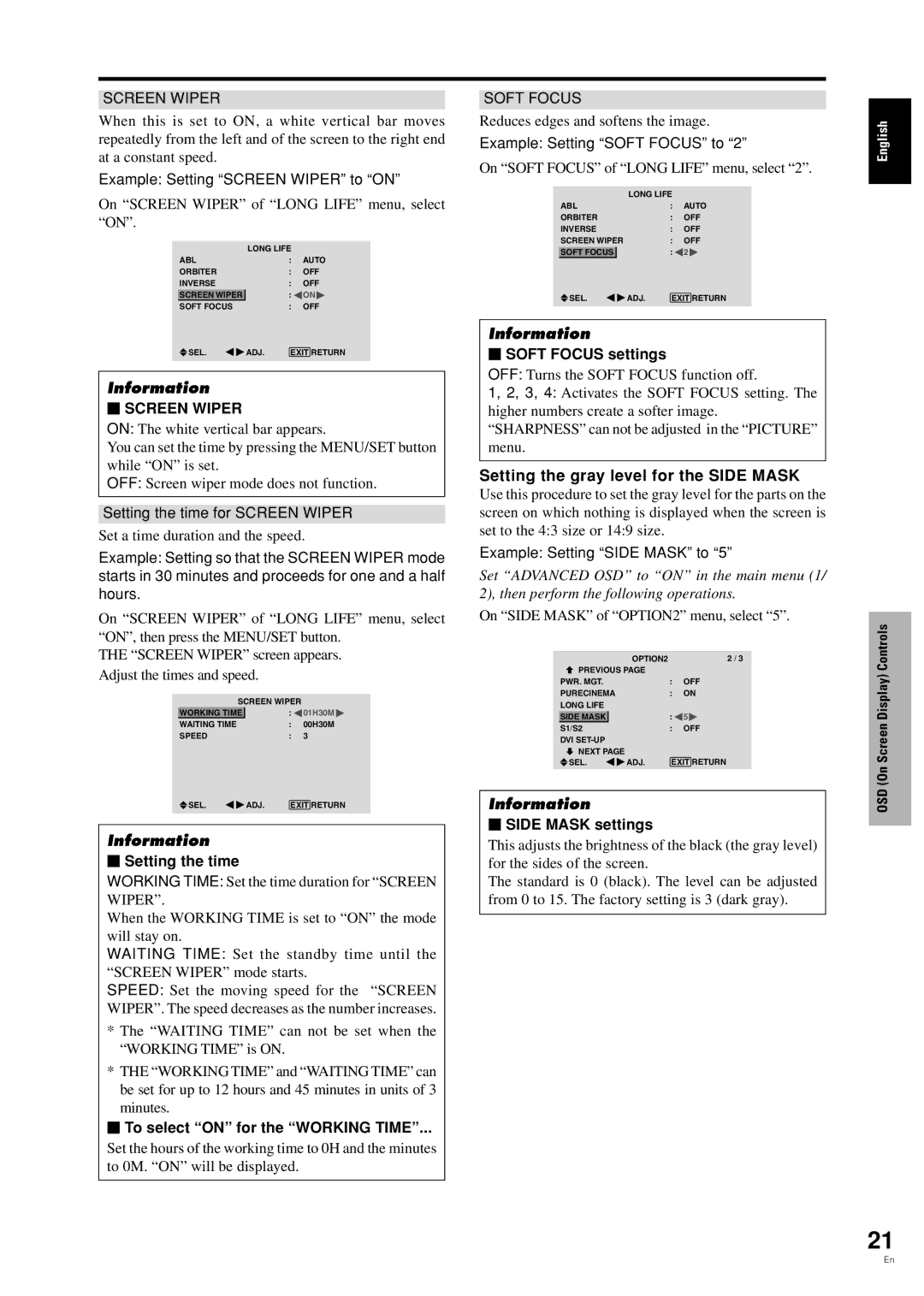 Pioneer PDP-42MVE1 Setting the gray level for the Side Mask,  Screen Wiper,  Soft Focus settings,  Side Mask settings 