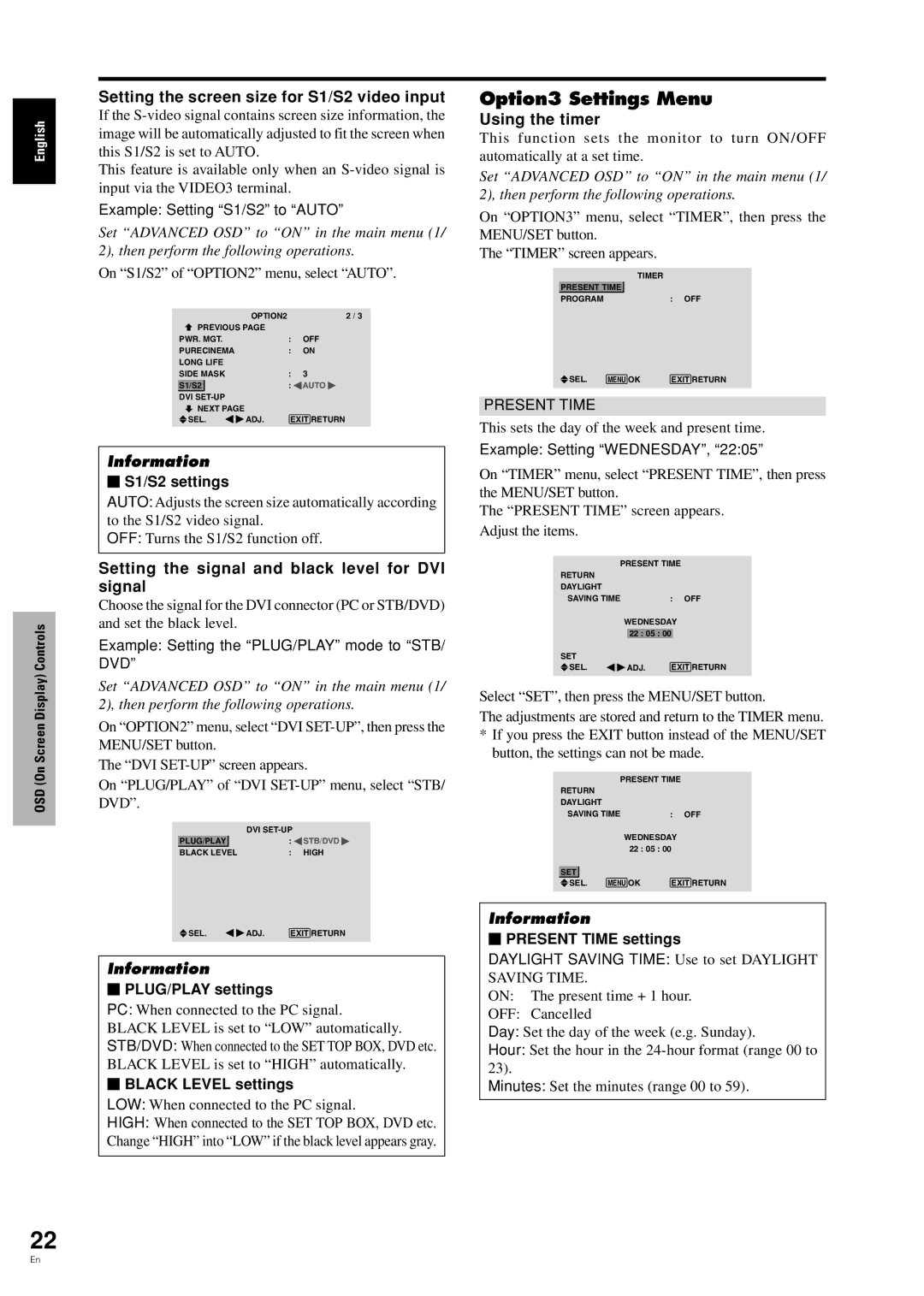 Pioneer PDP-42MVE1 manual Option3 Settings Menu, Setting the screen size for S1/S2 video input, Using the timer 