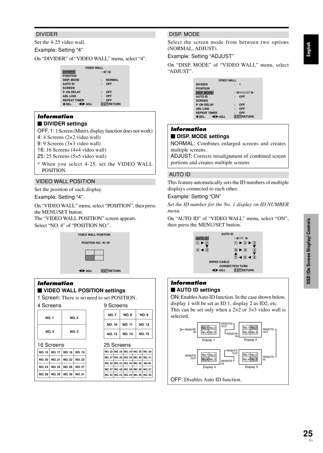 Pioneer PDP-42MVE1  Divider settings,  Video Wall Position settings,  DISP. Mode settings,  Auto ID settings, Screens 