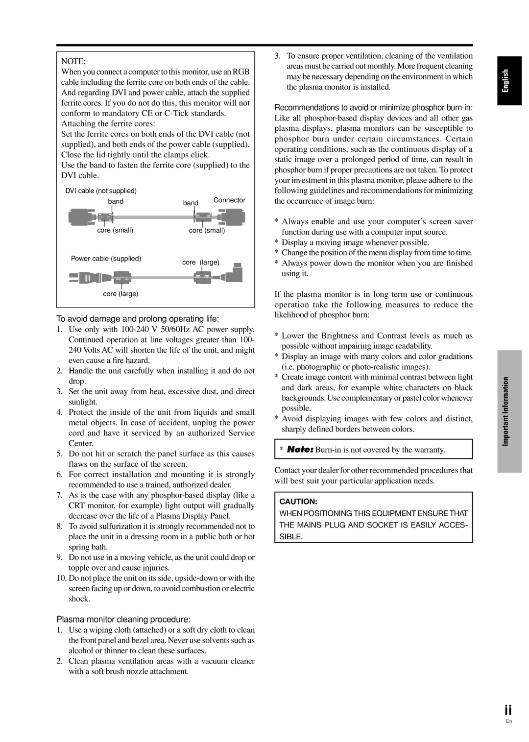 Pioneer PDP-42MVE1 Recommendations to avoid or minimize phosphor burn-in, Using it, Plasma monitor cleaning procedure 