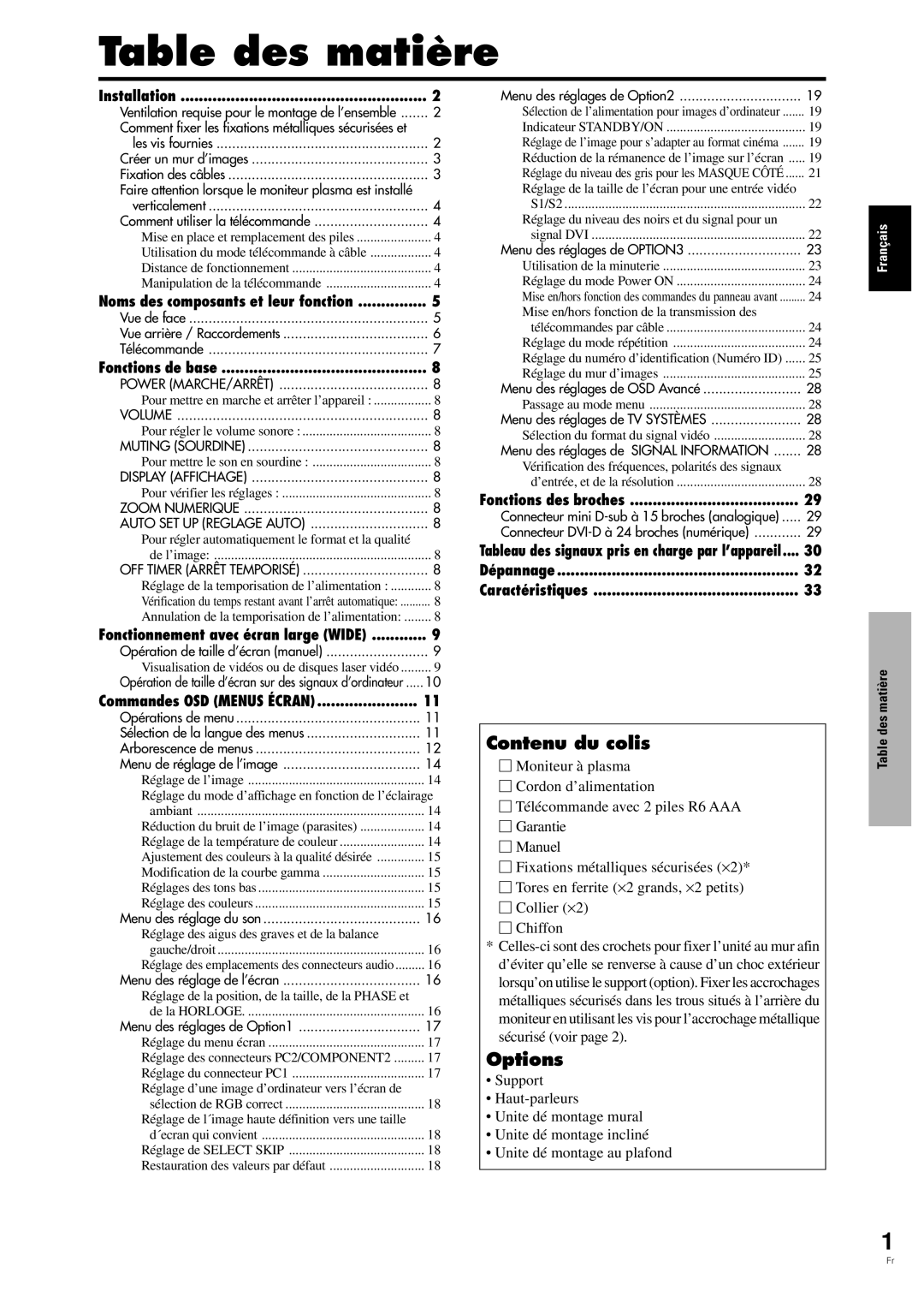 Pioneer PDP-42MVE1 manual Table des matière, Contenu du colis, Caractéristiques 