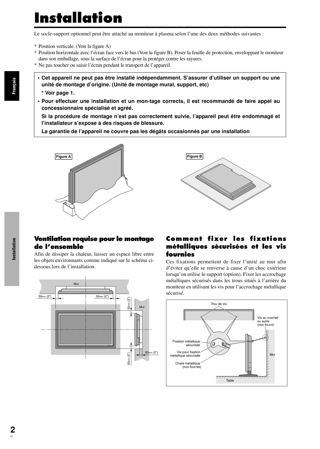 Pioneer PDP-42MVE1 manual Ventilation requise pour le montage de l’ensemble, Figure a 