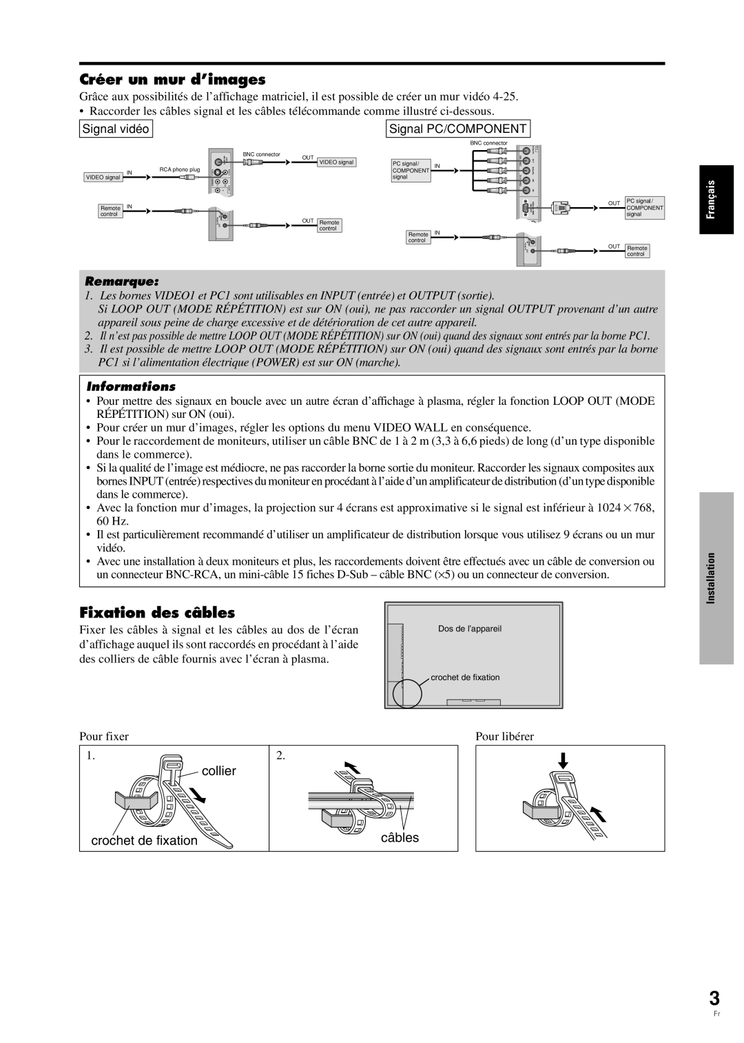 Pioneer PDP-42MVE1 Créer un mur d’images, Fixation des câbles, Signal vidéo Signal PC/COMPONENT, Pour fixer Pour libérer 