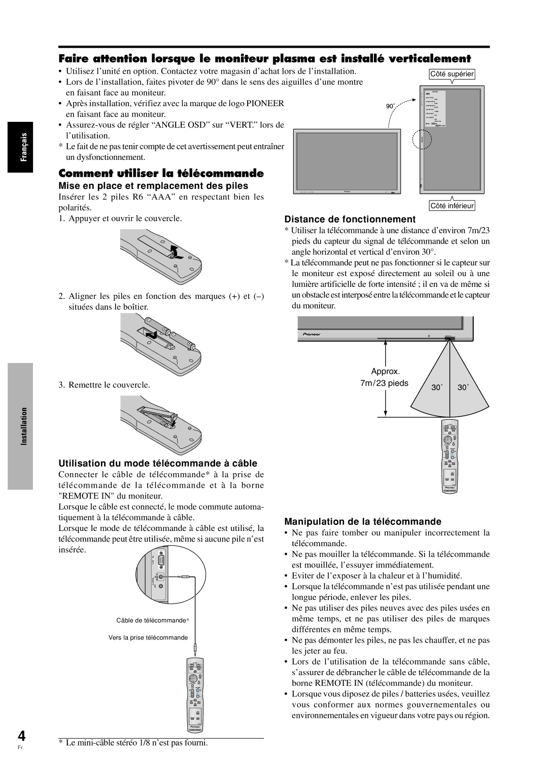 Pioneer PDP-42MVE1 manual Comment utiliser la télécommande, Mise en place et remplacement des piles 