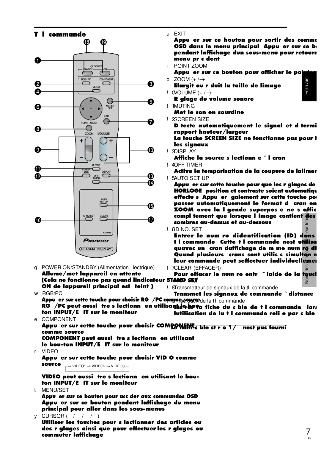 Pioneer PDP-42MVE1 Télécommande, Appuyer sur ce bouton pour afficher le pointeur, Elargit ou réduit la taille de l’image 