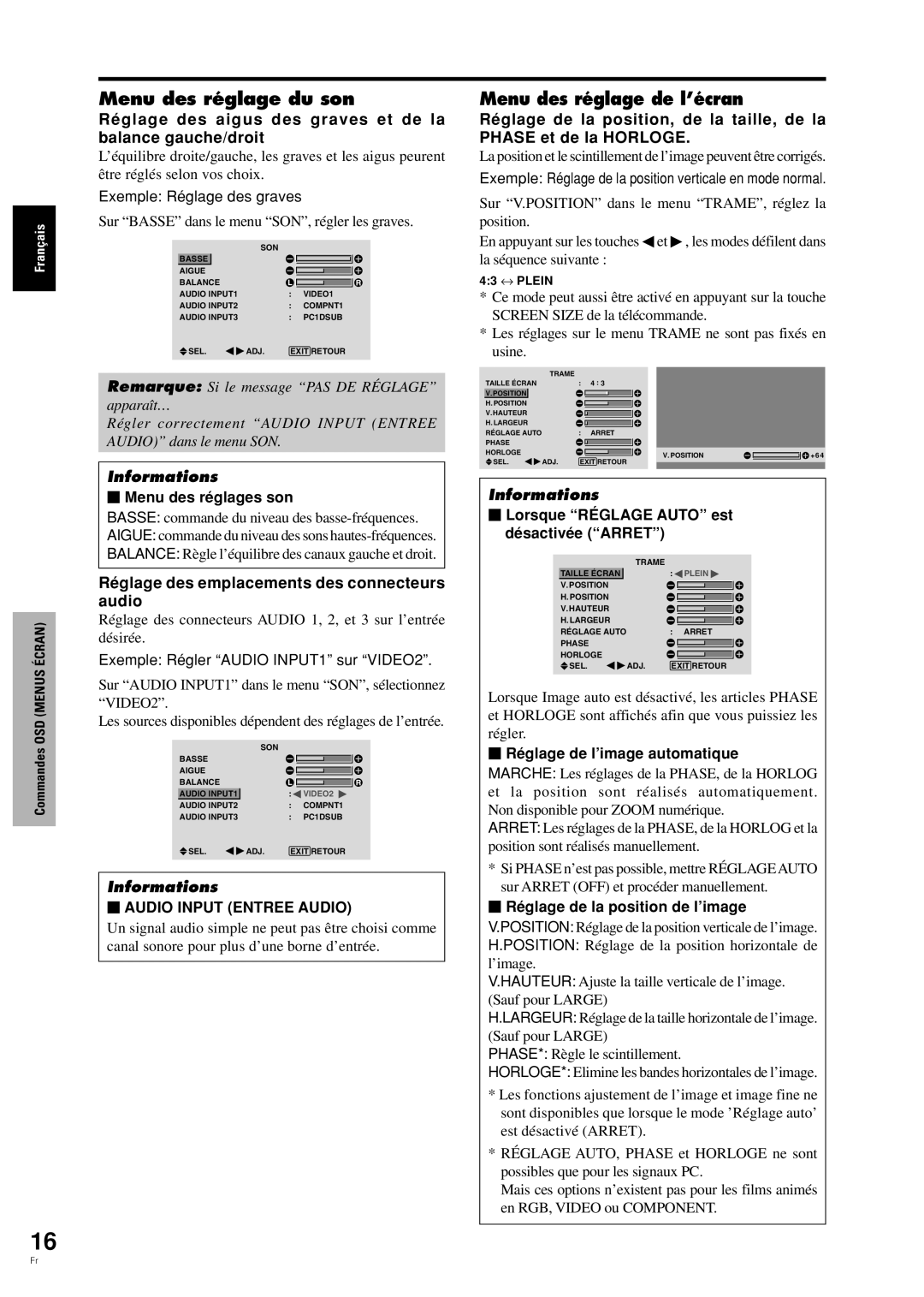 Pioneer PDP-42MVE1 Menu des réglage du son, Menu des réglage de l’écran, Réglage des emplacements des connecteurs audio 