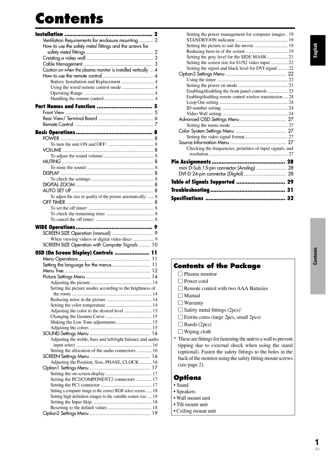 Pioneer PDP-42MVE1 manual Contents 