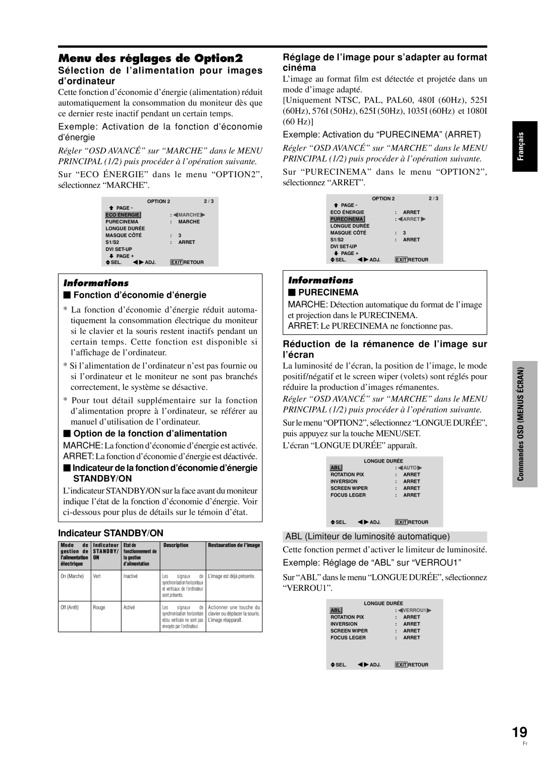 Pioneer PDP-42MVE1 manual Menu des réglages de Option2, Sélection de l’alimentation pour images d’ordinateur 