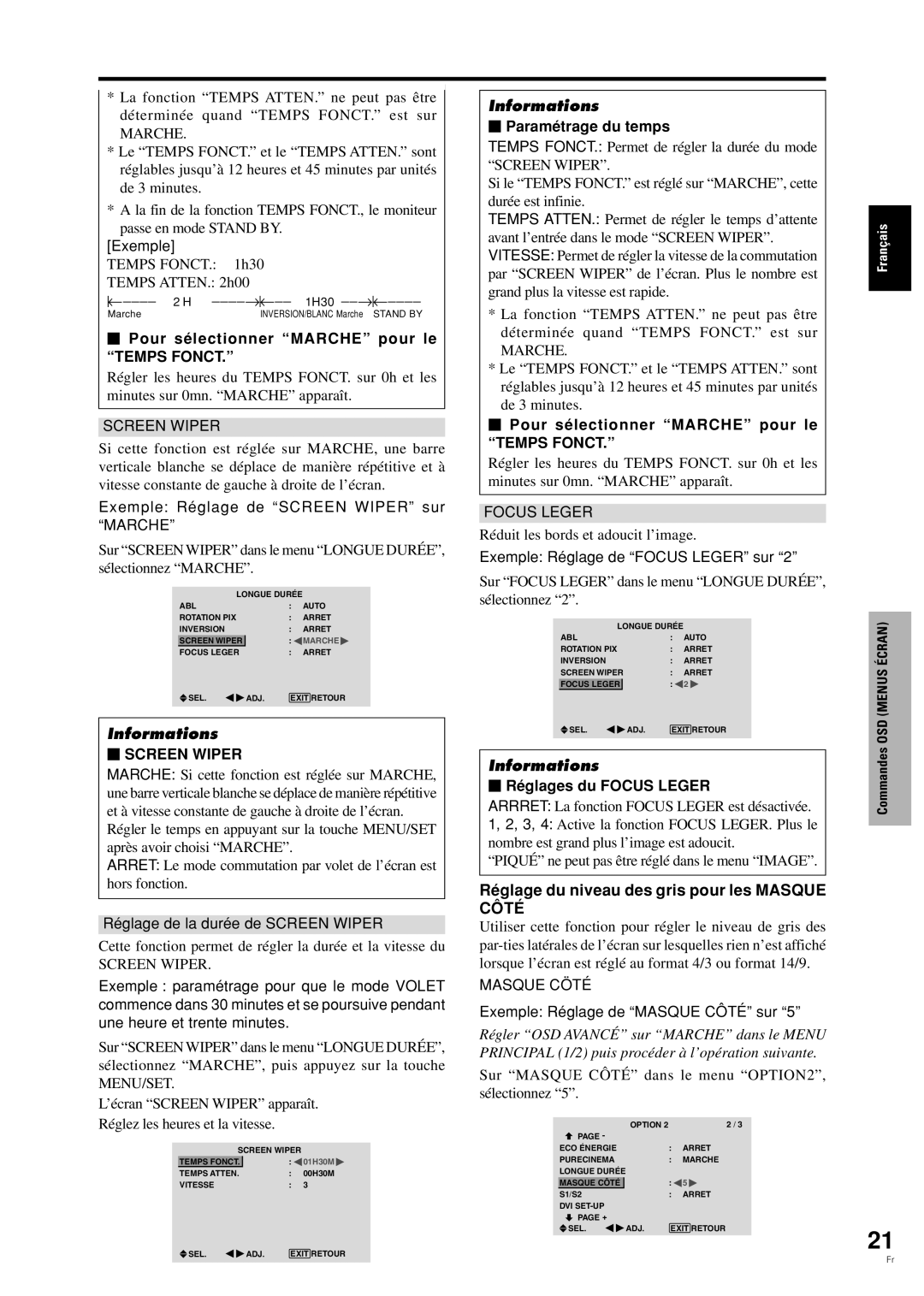 Pioneer PDP-42MVE1 manual Réglage du niveau des gris pour les Masque Côté,  Pour sélectionner Marche pour le Temps Fonct 