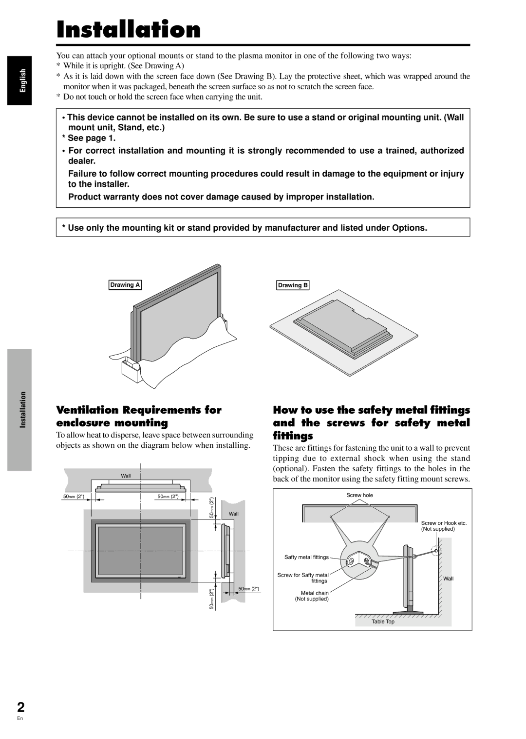 Pioneer PDP-42MVE1 manual Installation, Ventilation Requirements for enclosure mounting 