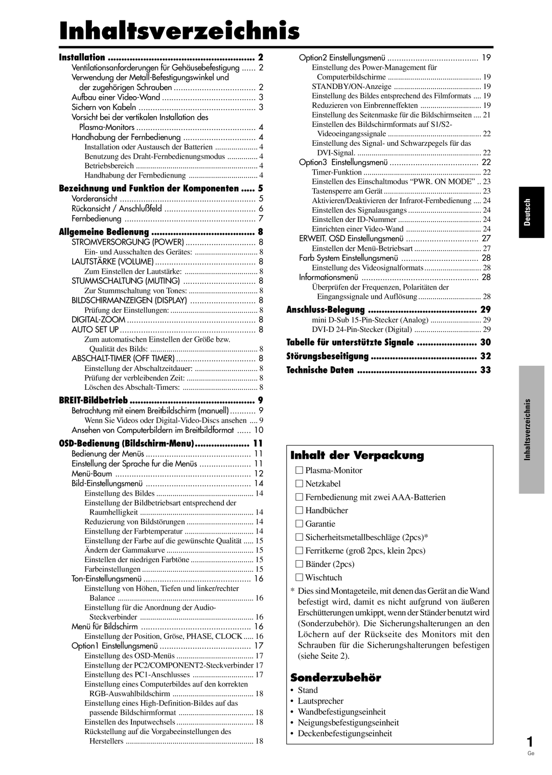 Pioneer PDP-42MVE1 manual Inhaltsverzeichnis, Inhalt der Verpackung, Sonderzubehör 