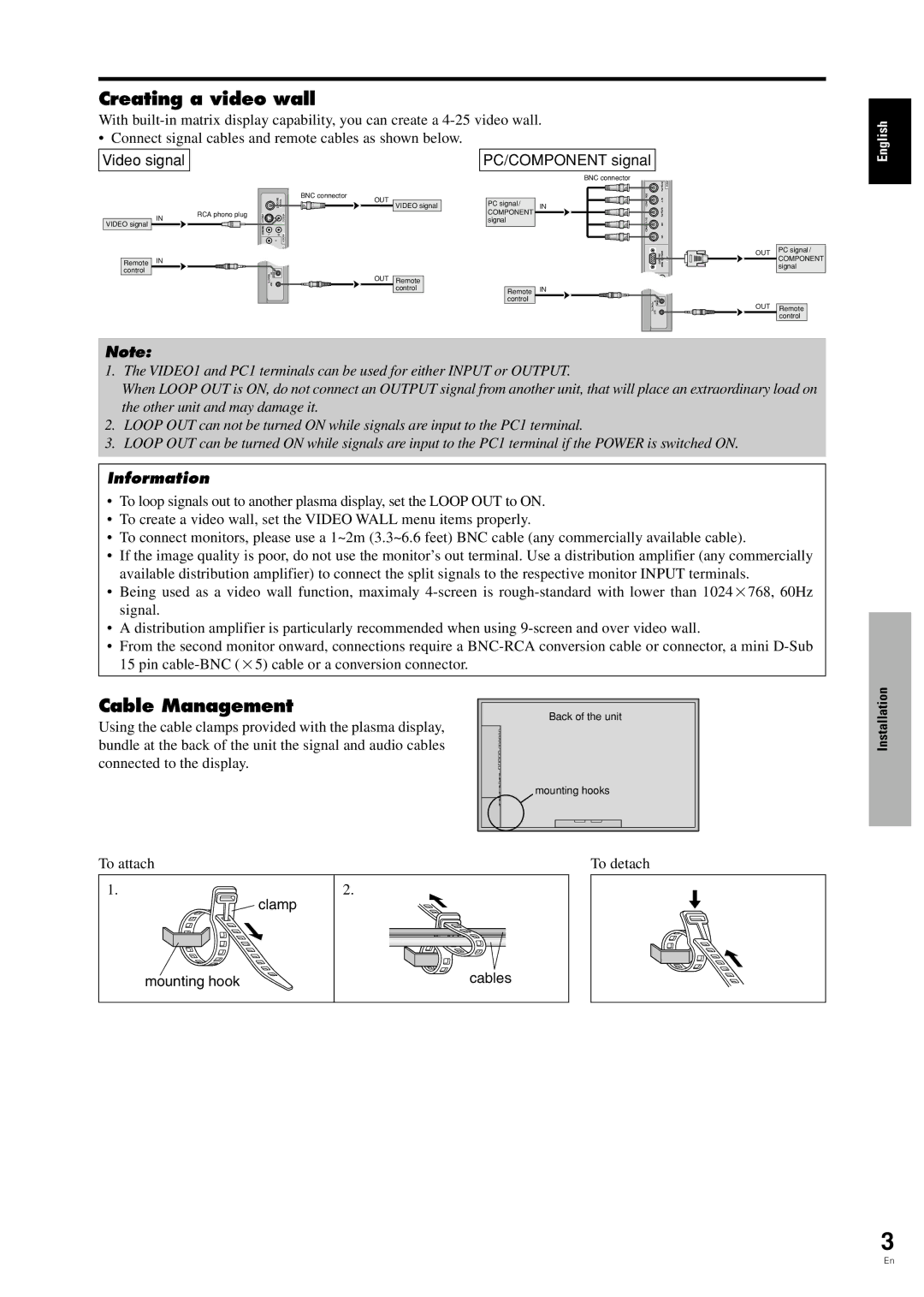 Pioneer PDP-42MVE1 manual Creating a video wall, Cable Management, Video signal PC/COMPONENT signal, Clamp, Mounting hook 