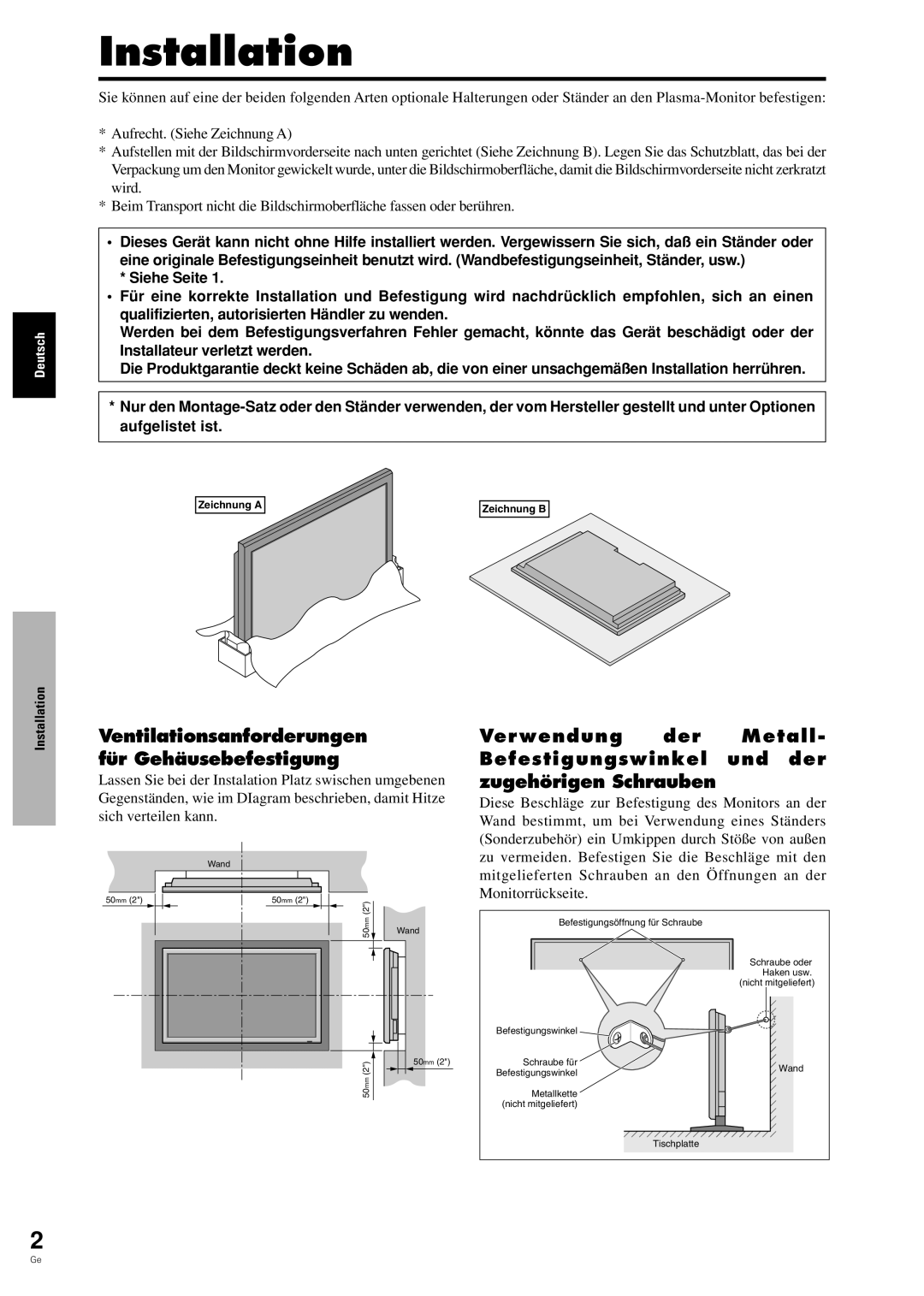 Pioneer PDP-42MVE1 manual Installation, Ventilationsanforderungen für Gehäusebefestigung 