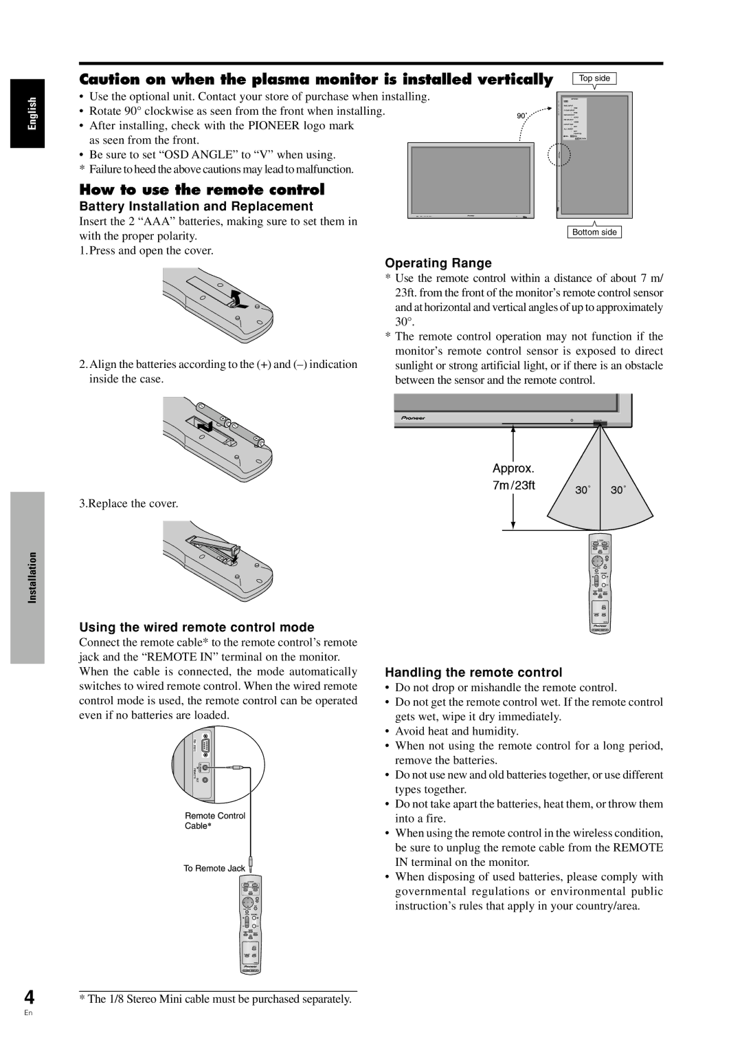 Pioneer PDP-42MVE1 manual How to use the remote control, Battery Installation and Replacement, Operating Range 