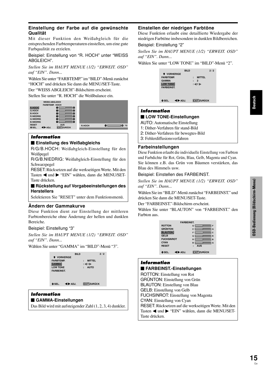 Pioneer PDP-42MVE1 manual Einstellung der Farbe auf die gewünschte Qualität, Ändern der Gammakurve, Farbeinstellungen 