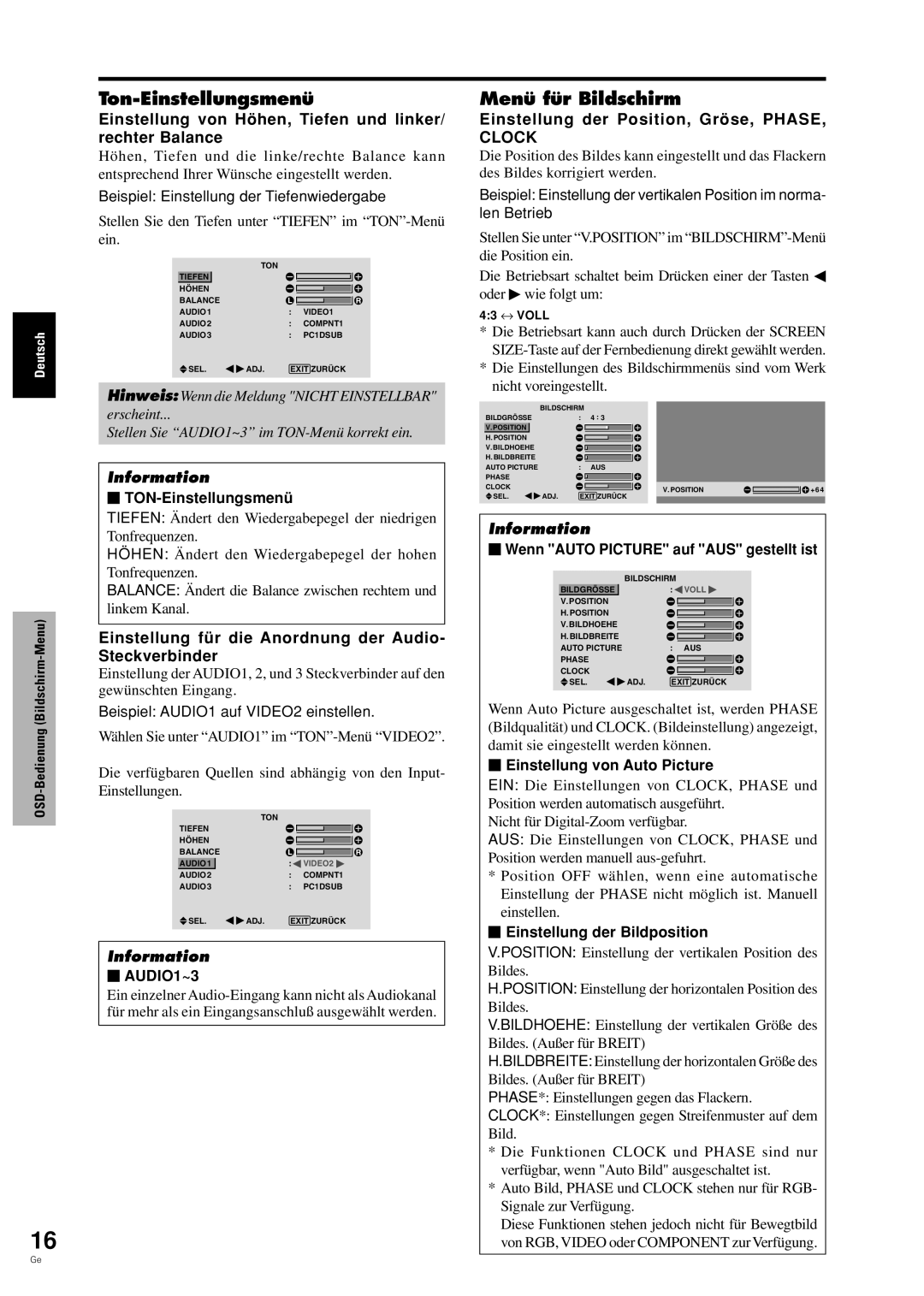 Pioneer PDP-42MVE1 Ton-Einstellungsmenü, Menü für Bildschirm, Einstellung von Höhen, Tiefen und linker/ rechter Balance 