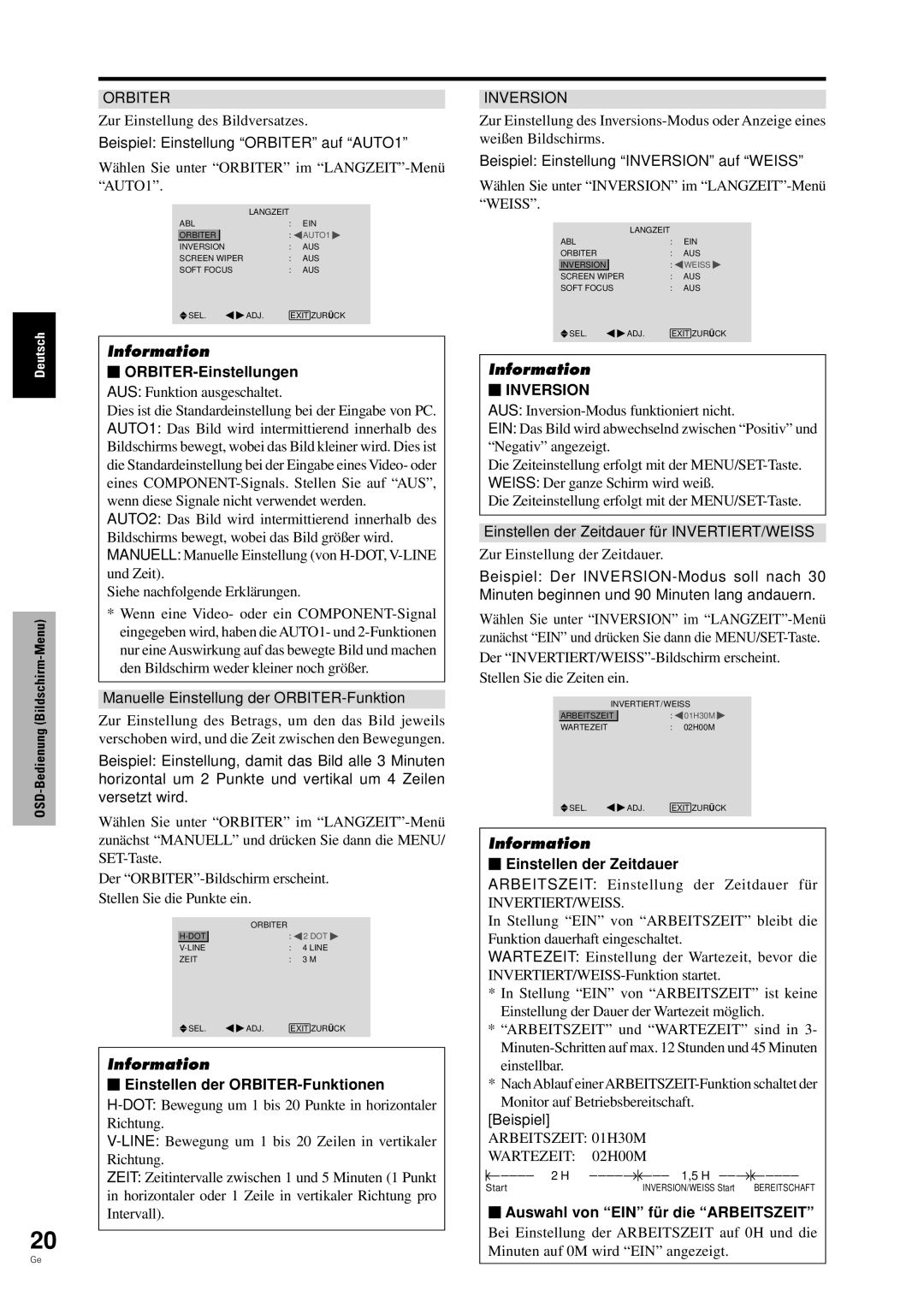 Pioneer PDP-42MVE1 manual  Einstellen der ORBITER-Funktionen,  Inversion,  Einstellen der Zeitdauer 