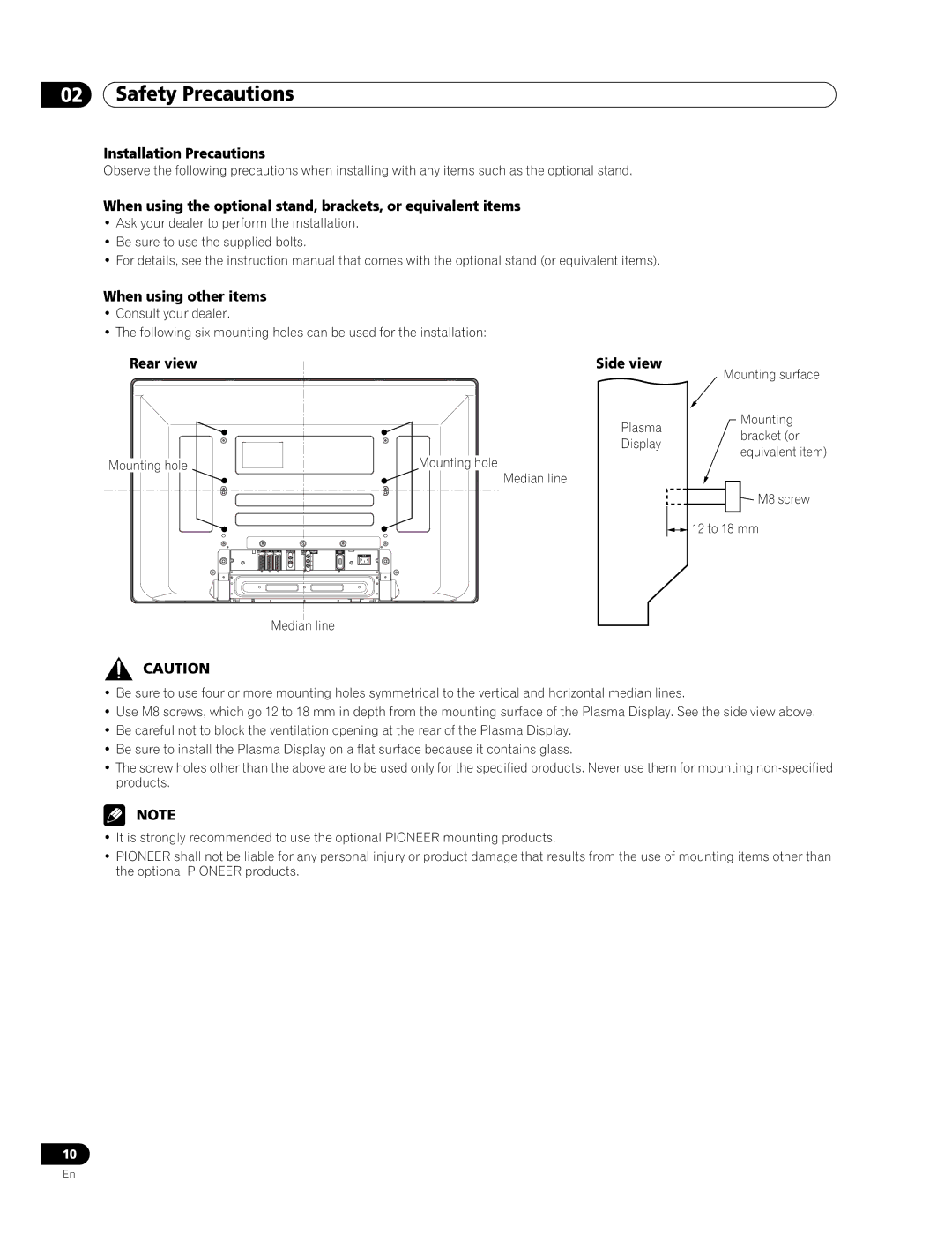 Pioneer PDP-436RXE manual Installation Precautions, When using other items, Rear view Side view 