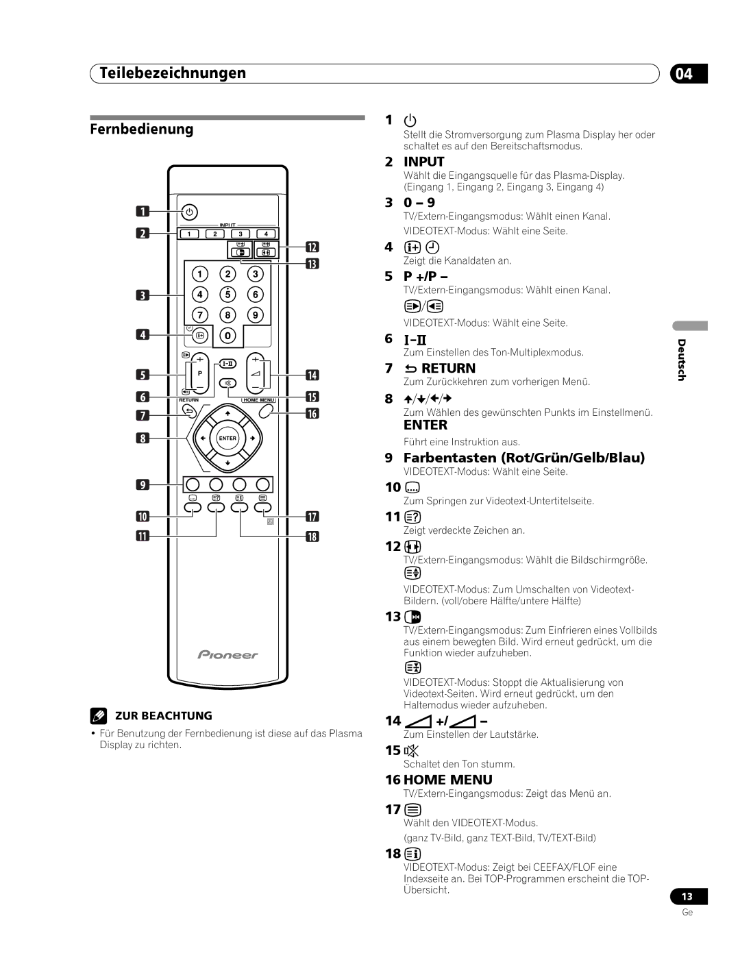 Pioneer PDP-436RXE manual Fernbedienung 