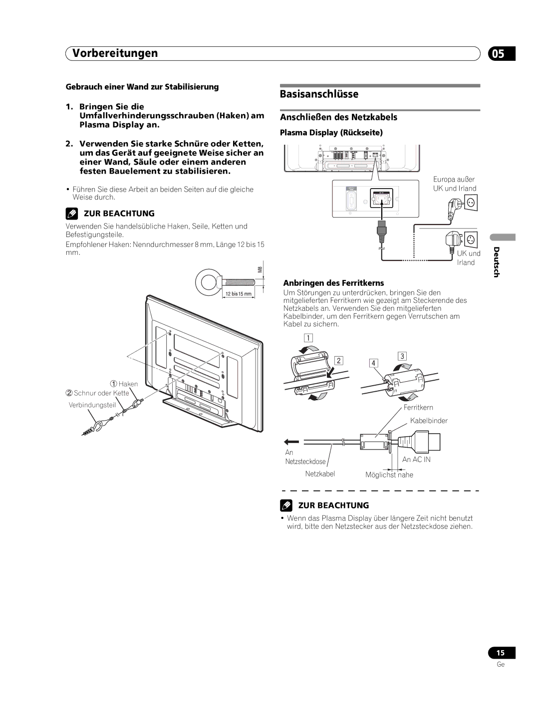 Pioneer PDP-436RXE manual Basisanschlüsse, Anschließen des Netzkabels, Plasma Display Rückseite, Anbringen des Ferritkerns 