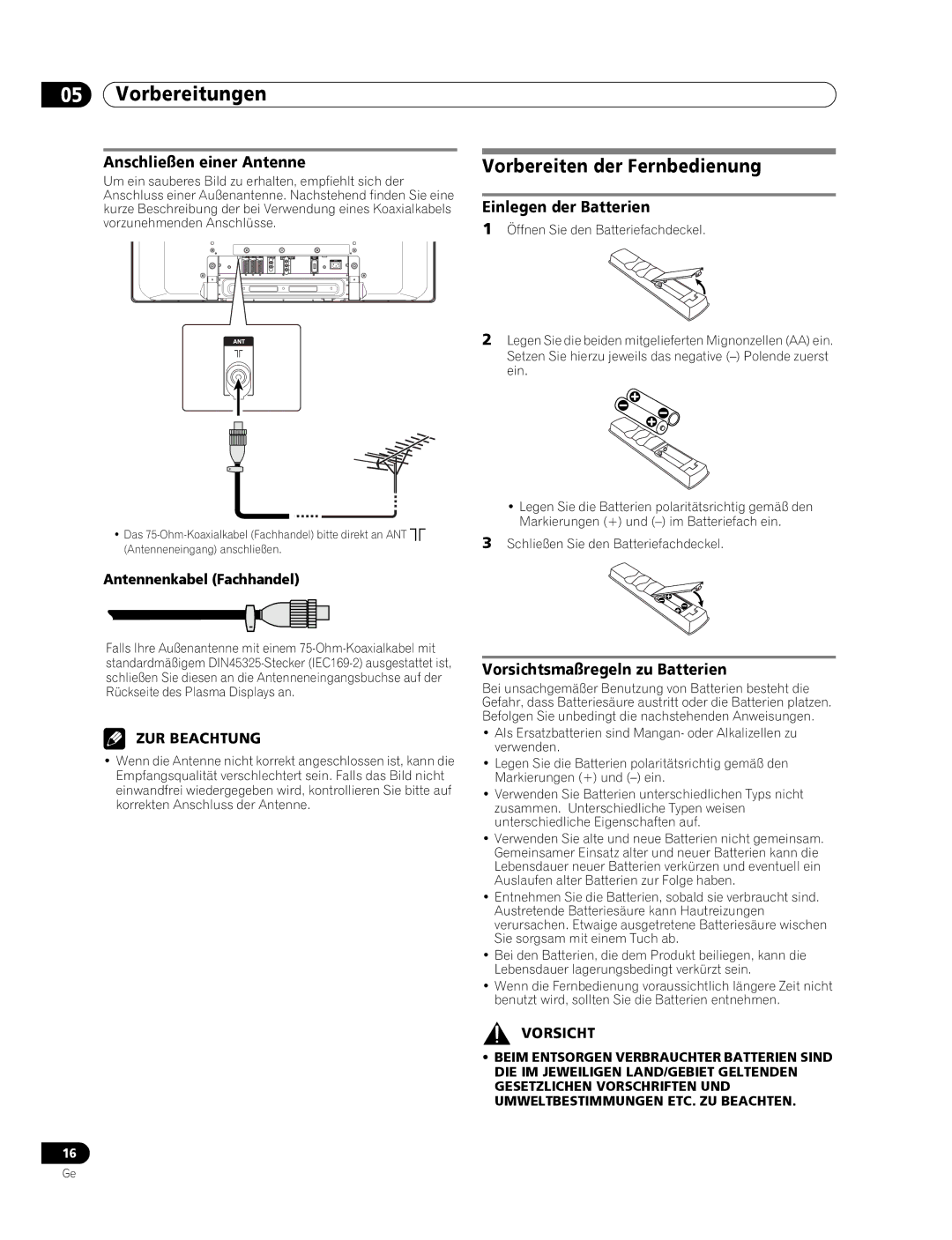 Pioneer PDP-436RXE manual Vorbereiten der Fernbedienung, Anschließen einer Antenne, Einlegen der Batterien 