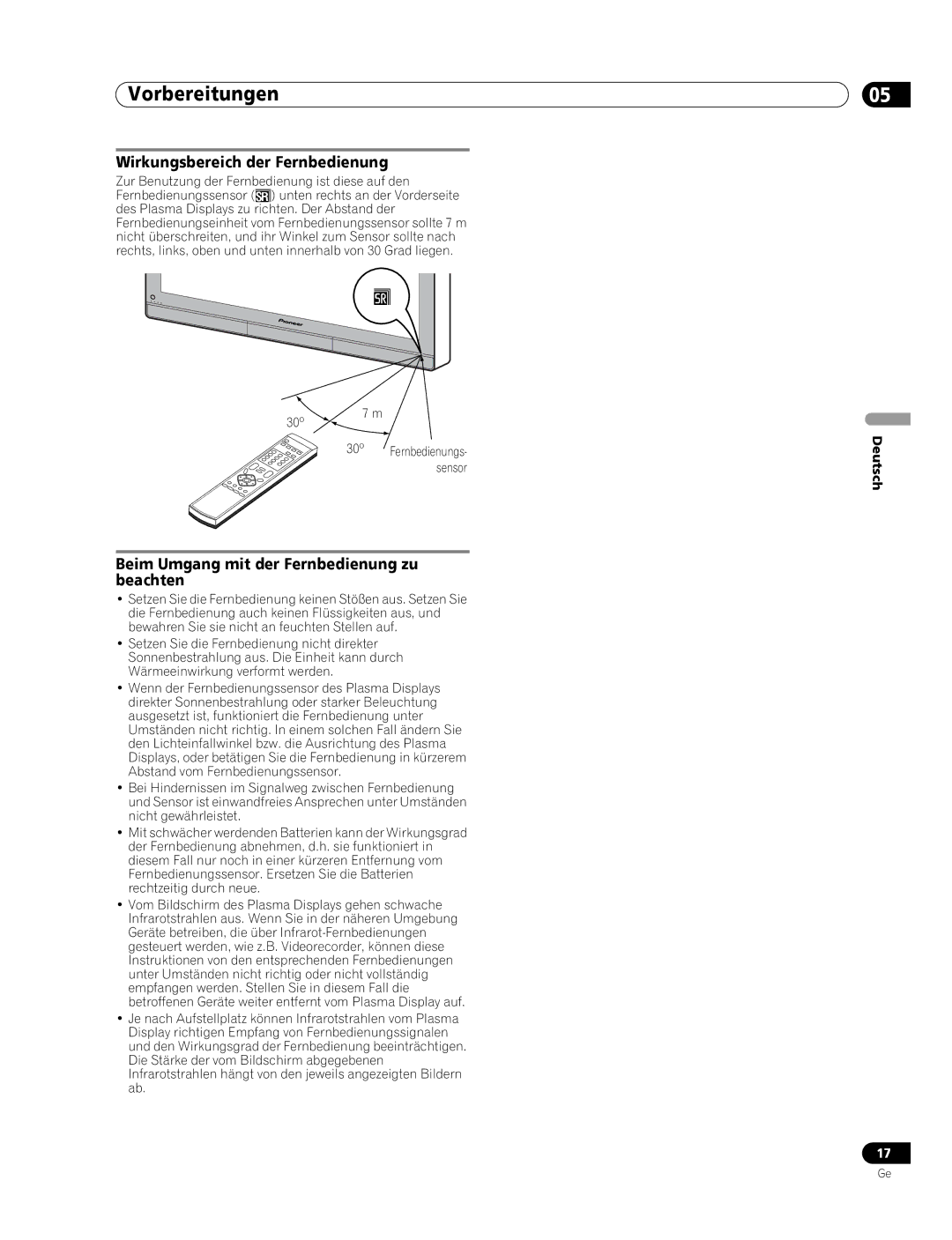 Pioneer PDP-436RXE manual Wirkungsbereich der Fernbedienung, Beim Umgang mit der Fernbedienung zu beachten 