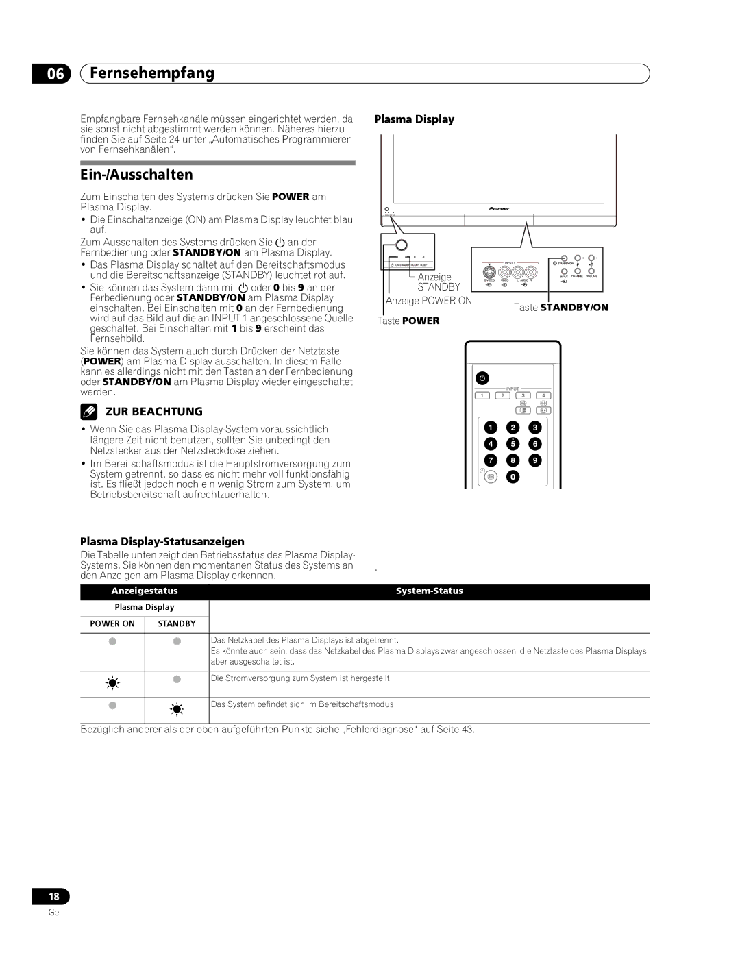 Pioneer PDP-436RXE manual Fernsehempfang, Ein-/Ausschalten, Plasma Display-Statusanzeigen 