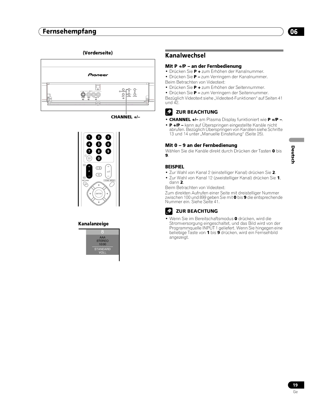 Pioneer PDP-436RXE manual Kanalwechsel, Beispiel 