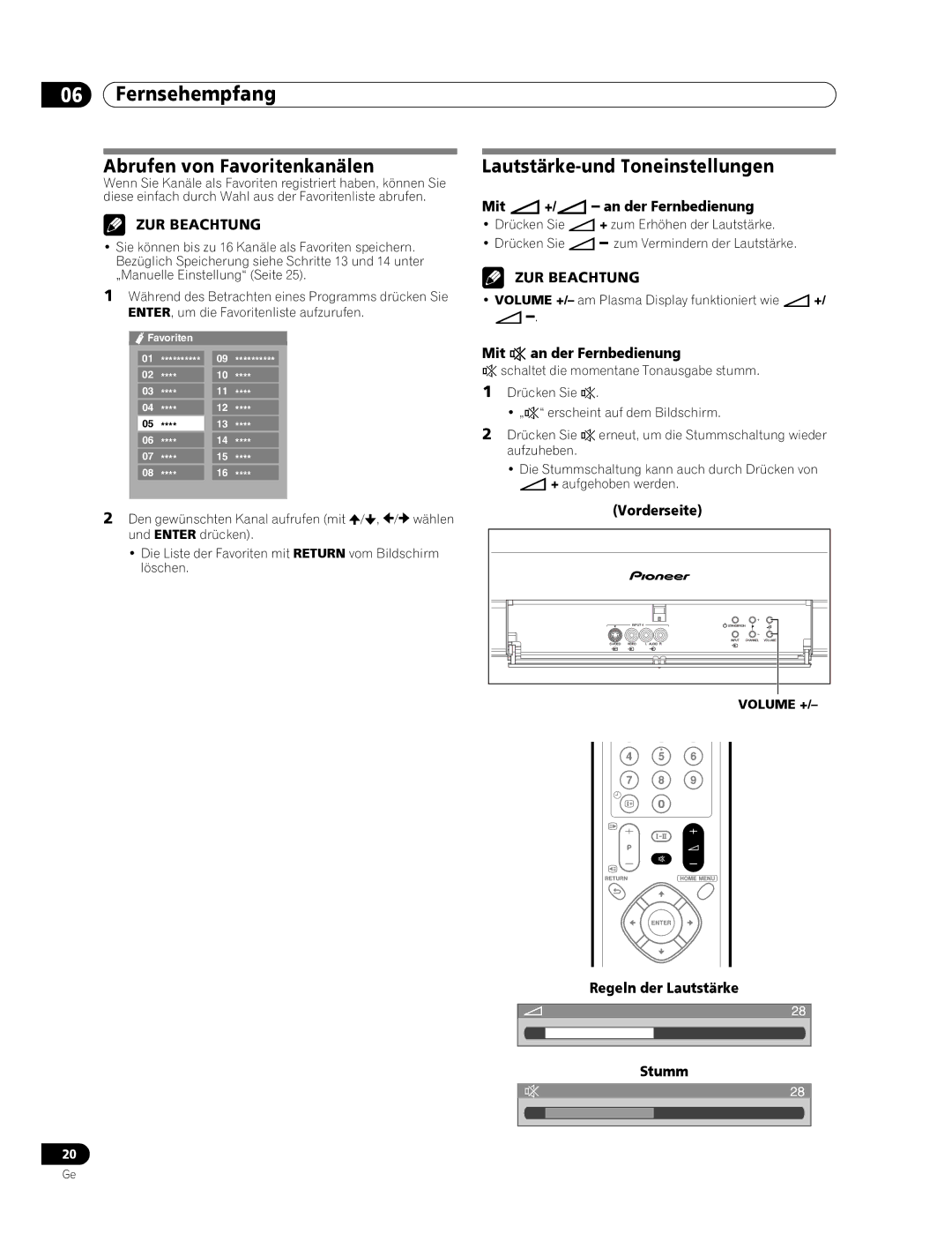 Pioneer PDP-436RXE manual Abrufen von Favoritenkanälen, Lautstärke-und Toneinstellungen, Mit i+/i- an der Fernbedienung 