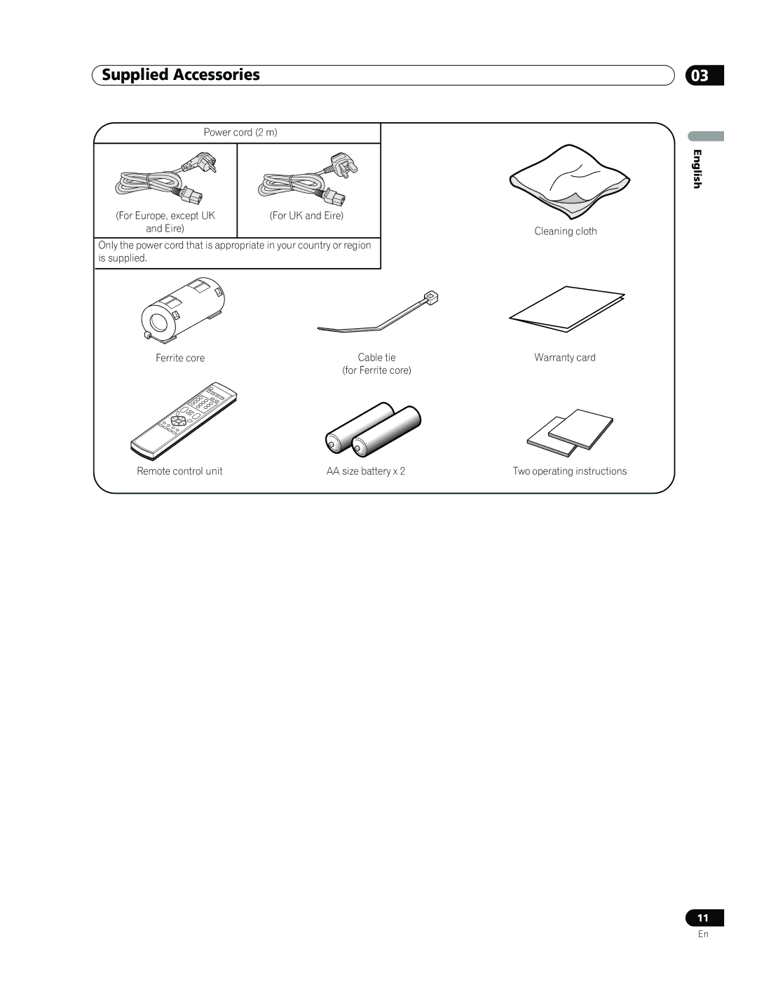 Pioneer PDP-436RXE manual Supplied Accessories, Power cord 2 m For Europe, except UK For UK and Eire, Remote control unit 