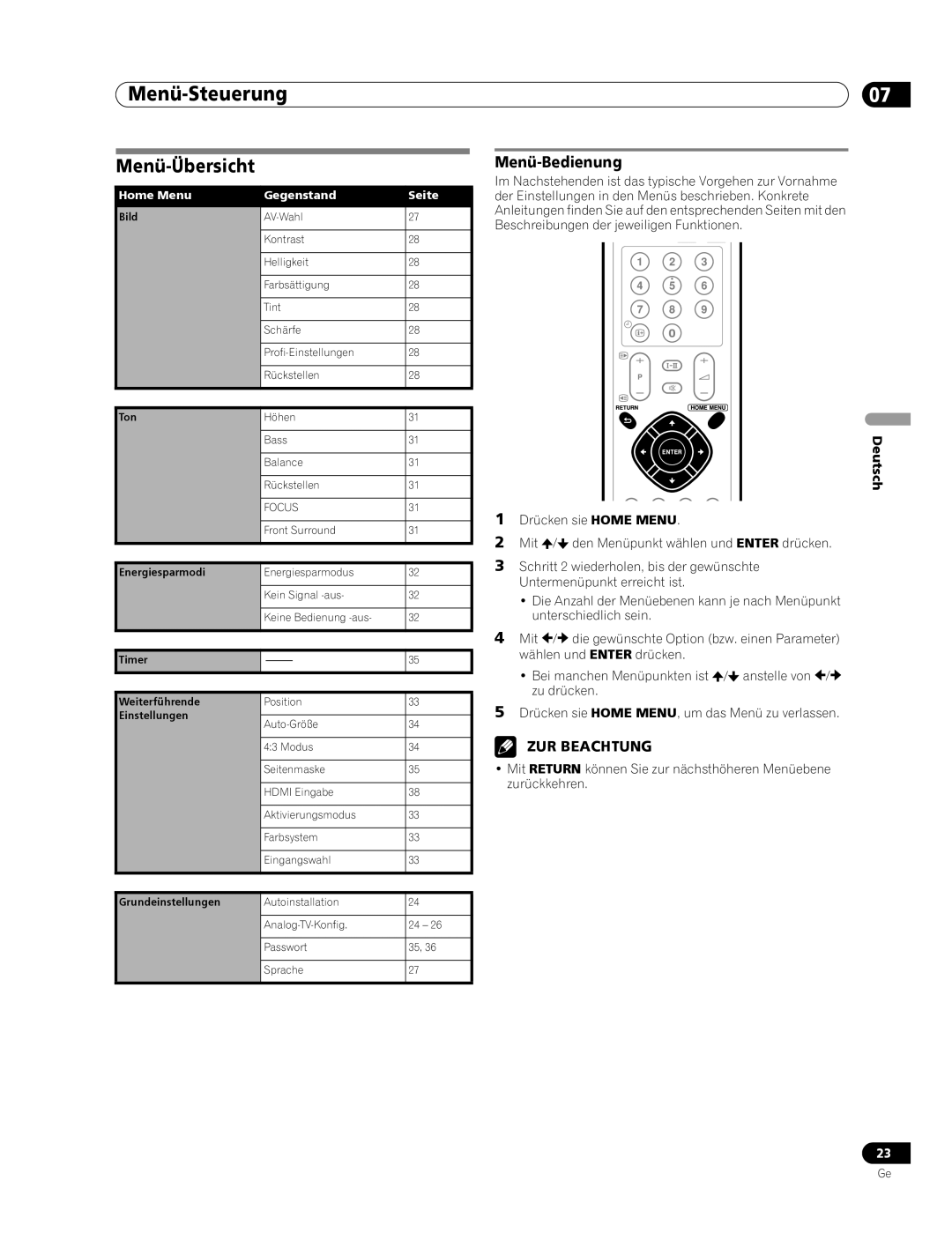 Pioneer PDP-436RXE manual Menü-Steuerung, Menü-Übersicht, Menü-Bedienung, Home Menu Gegenstand Seite 