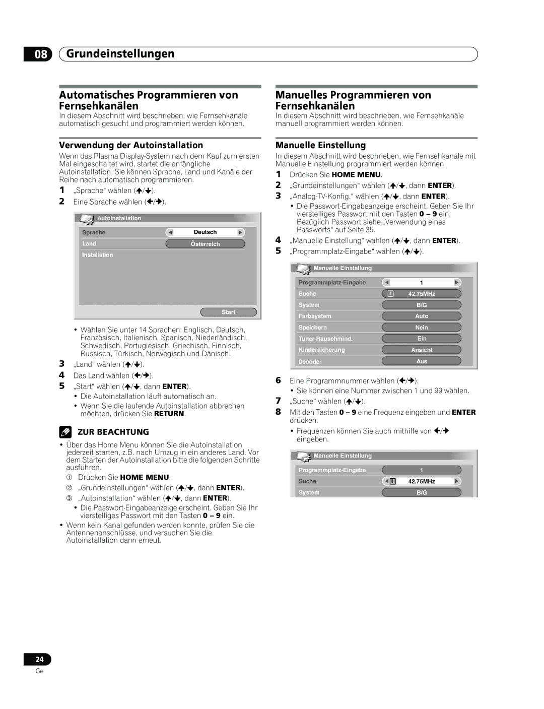 Pioneer PDP-436RXE Grundeinstellungen, Automatisches Programmieren von Fernsehkanälen, Verwendung der Autoinstallation 