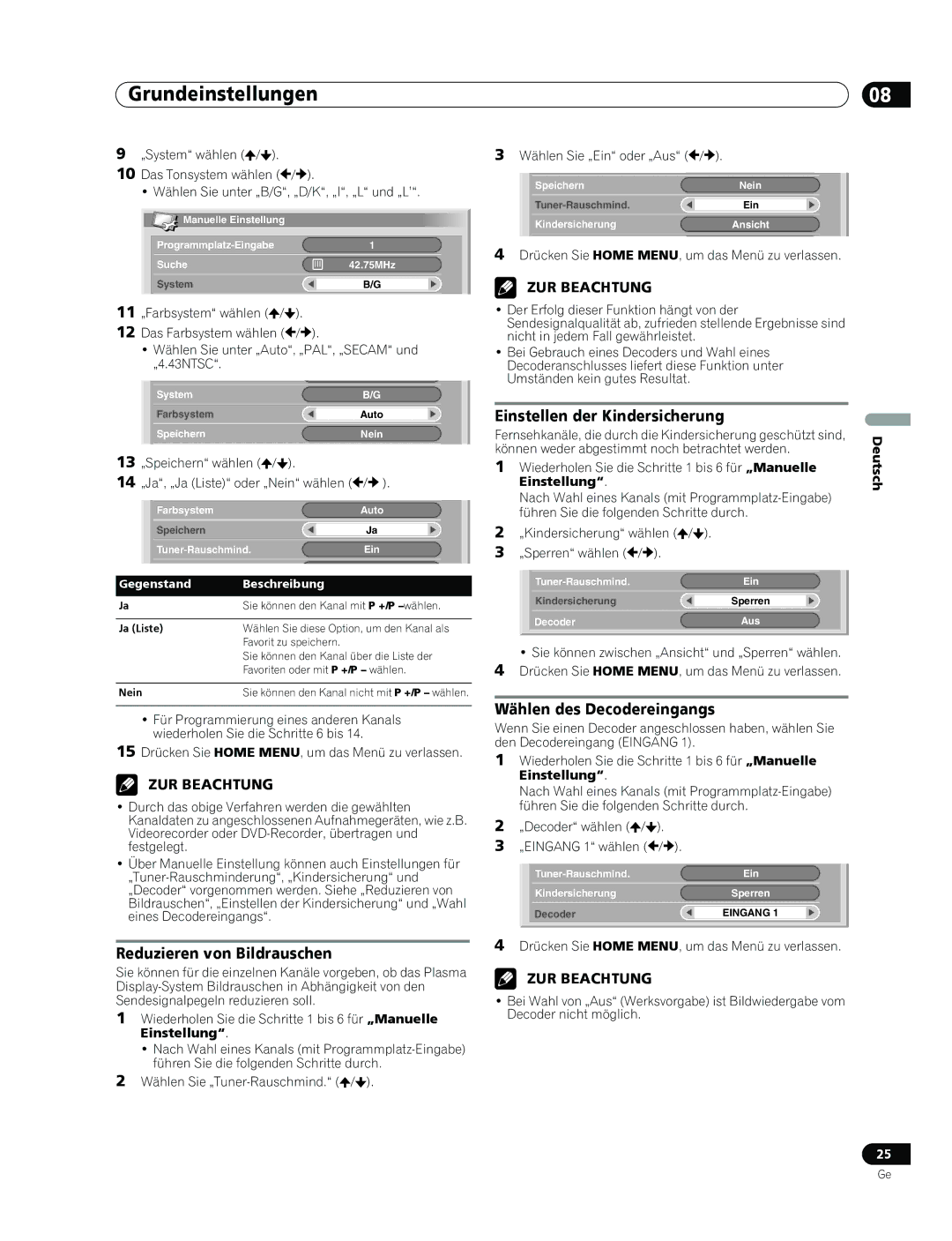 Pioneer PDP-436RXE manual Reduzieren von Bildrauschen, Einstellen der Kindersicherung, Wählen des Decodereingangs 