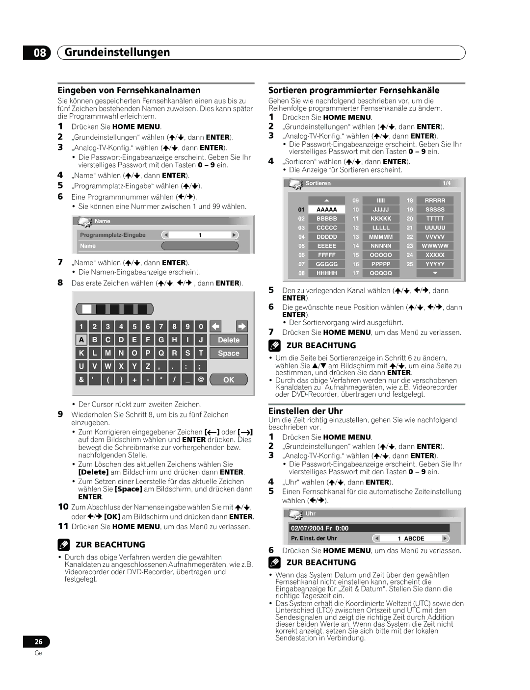 Pioneer PDP-436RXE manual Eingeben von Fernsehkanalnamen, Sortieren programmierter Fernsehkanäle, Einstellen der Uhr 