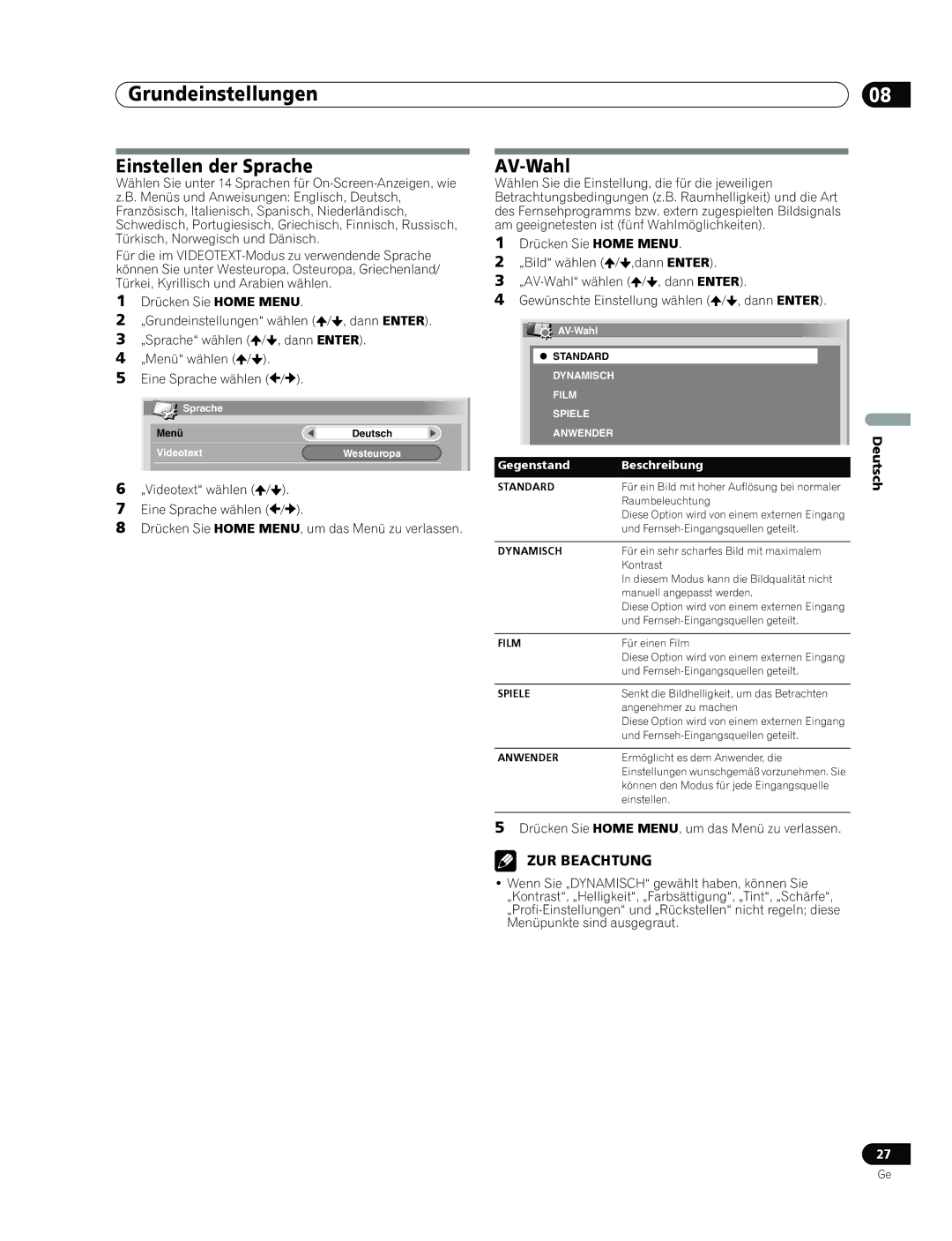 Pioneer PDP-436RXE manual Einstellen der Sprache, AV-Wahl 