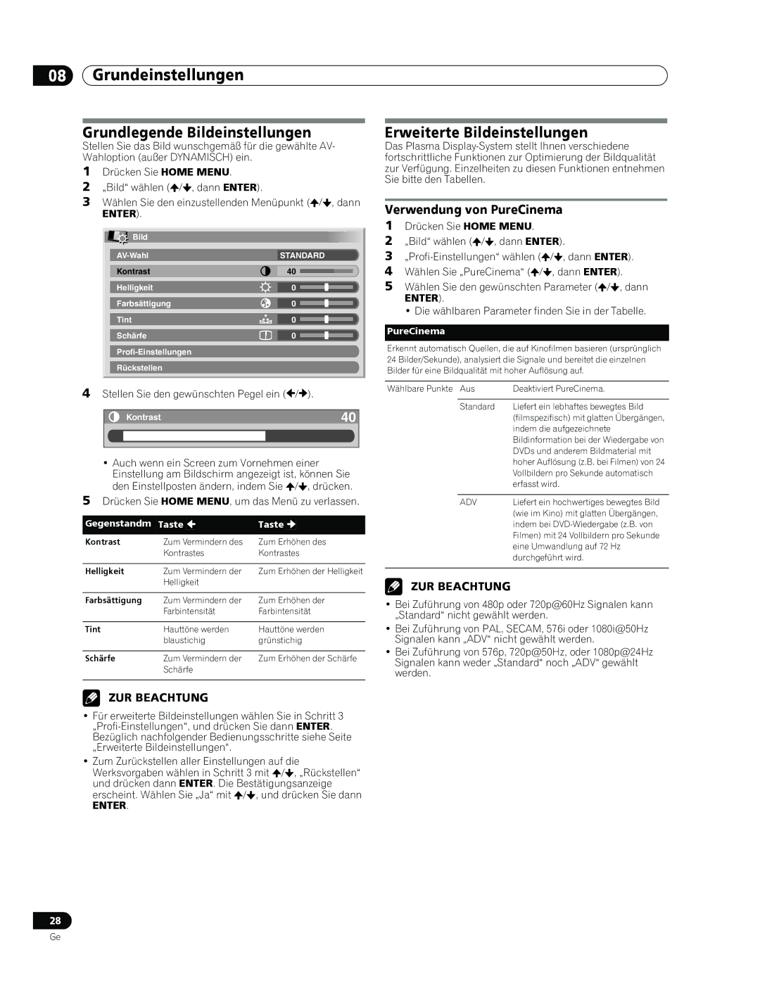 Pioneer PDP-436RXE manual Grundlegende Bildeinstellungen, Erweiterte Bildeinstellungen, Verwendung von PureCinema 