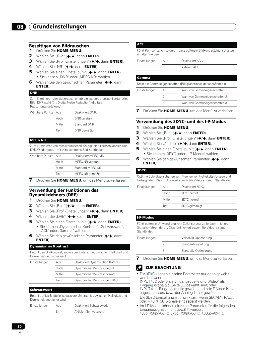 Pioneer PDP-436RXE manual Beseitigen von Bildrauschen, Verwendung der Funktionen des Dynamikdehners DRE 