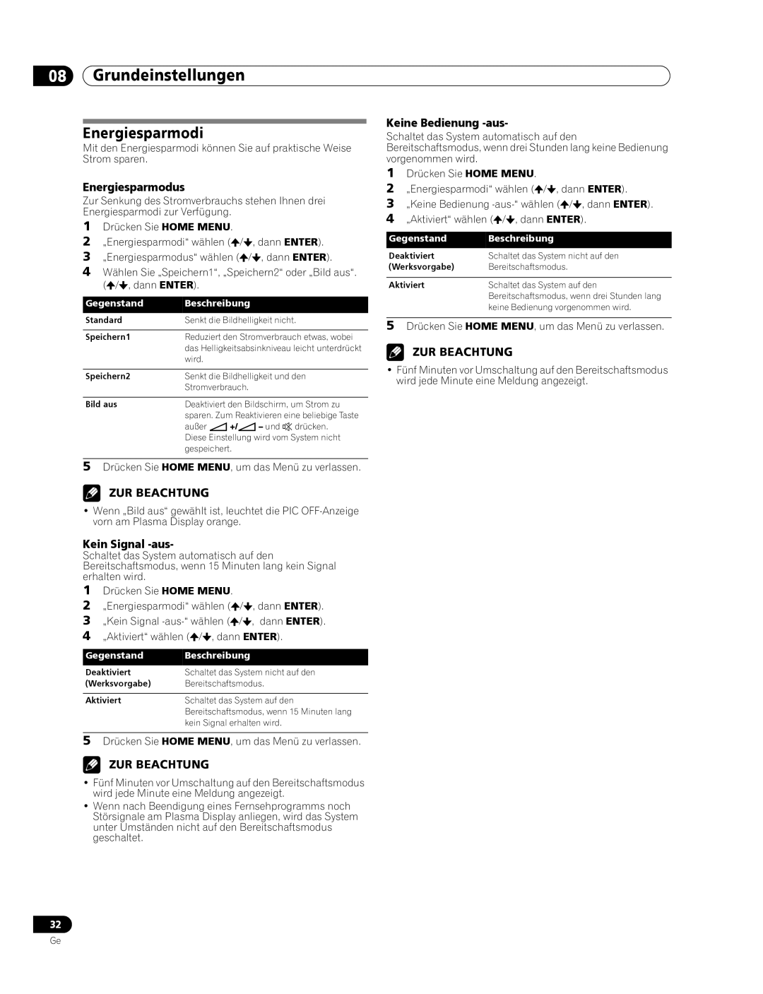 Pioneer PDP-436RXE manual Energiesparmodi, Energiesparmodus, Kein Signal -aus, Keine Bedienung -aus 