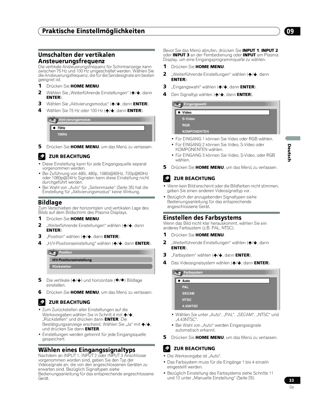 Pioneer PDP-436RXE manual Praktische Einstellmöglichkeiten, Umschalten der vertikalen Ansteuerungsfrequenz, Bildlage 