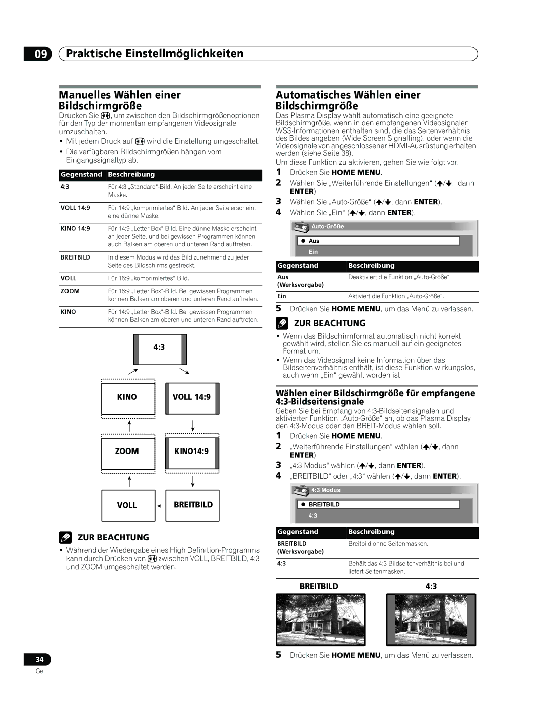 Pioneer PDP-436RXE Manuelles Wählen einer Bildschirmgröße, Automatisches Wählen einer Bildschirmgröße, Kino, Breitbild 