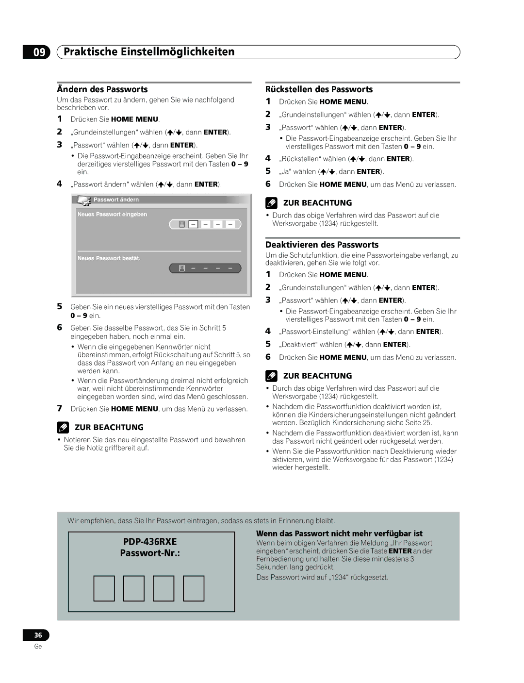 Pioneer PDP-436RXE manual Ändern des Passworts, Rückstellen des Passworts, Deaktivieren des Passworts 