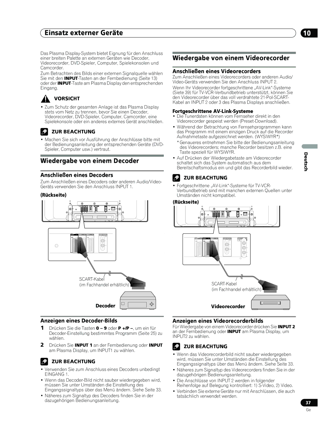 Pioneer PDP-436RXE manual Einsatz externer Geräte, Wiedergabe von einem Decoder, Wiedergabe von einem Videorecorder 