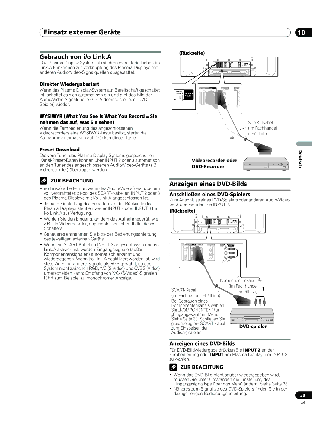 Pioneer PDP-436RXE manual Gebrauch von i/o Link.A, Anzeigen eines DVD-Bilds, Anschließen eines DVD-Spielers 