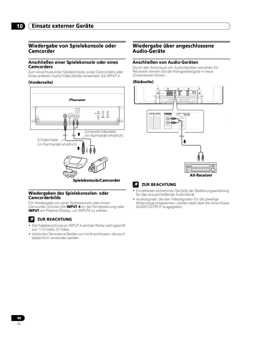 Pioneer PDP-436RXE manual Wiedergabe von Spielekonsole oder Camcorder, Wiedergabe über angeschlossene Audio-Geräte 