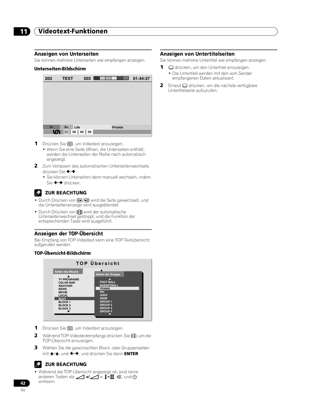 Pioneer PDP-436RXE manual Anzeigen von Unterseiten, Anzeigen der TOP-Übersicht, Anzeigen von Untertitelseiten 